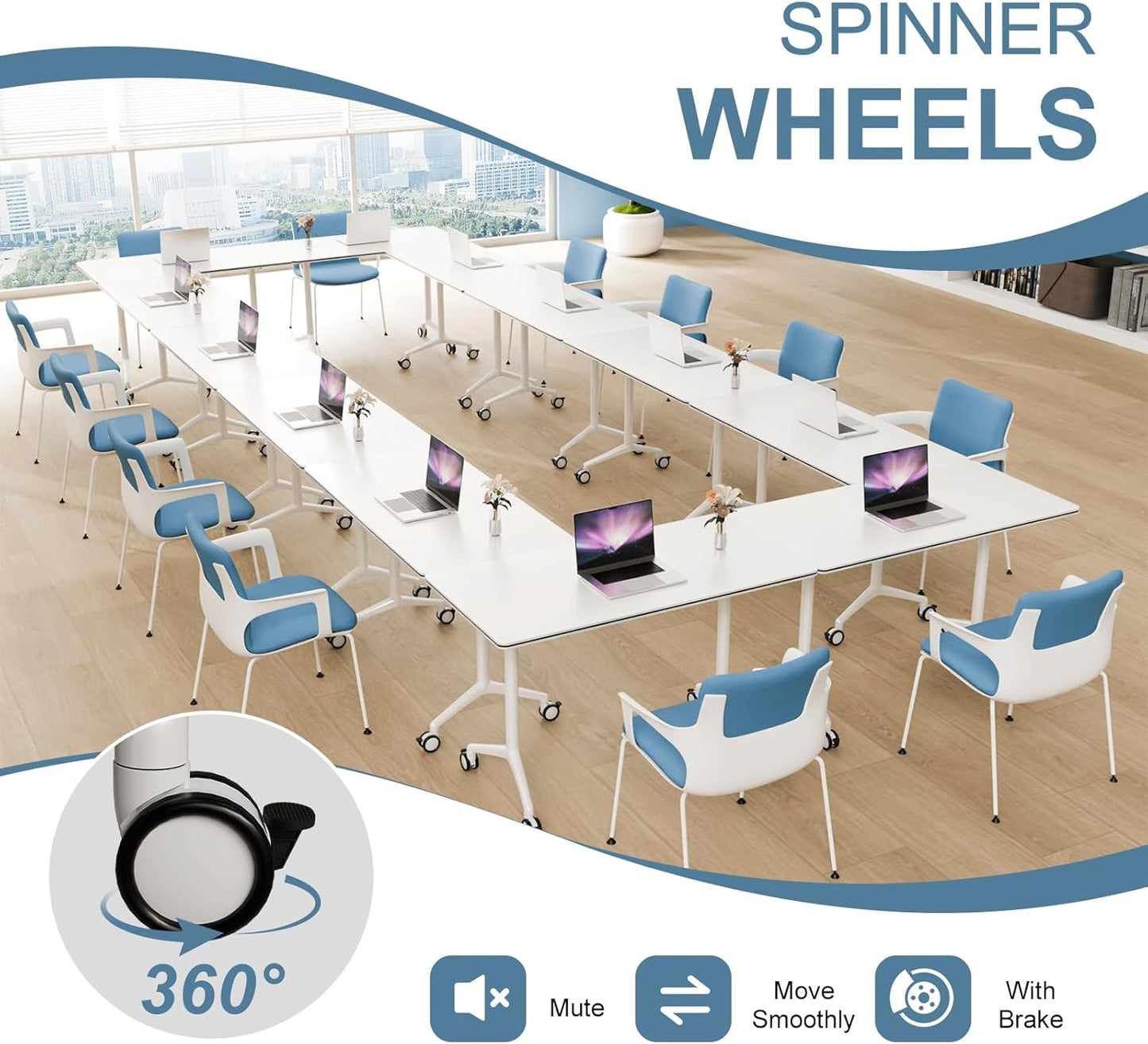 8pack Folding Conference Room Table, Modern Conference Tables with Silent Wheels, Large Rectangular Mobile Training Tables for Office Classroom, Foldable Modular Seminar Table White (L63in)