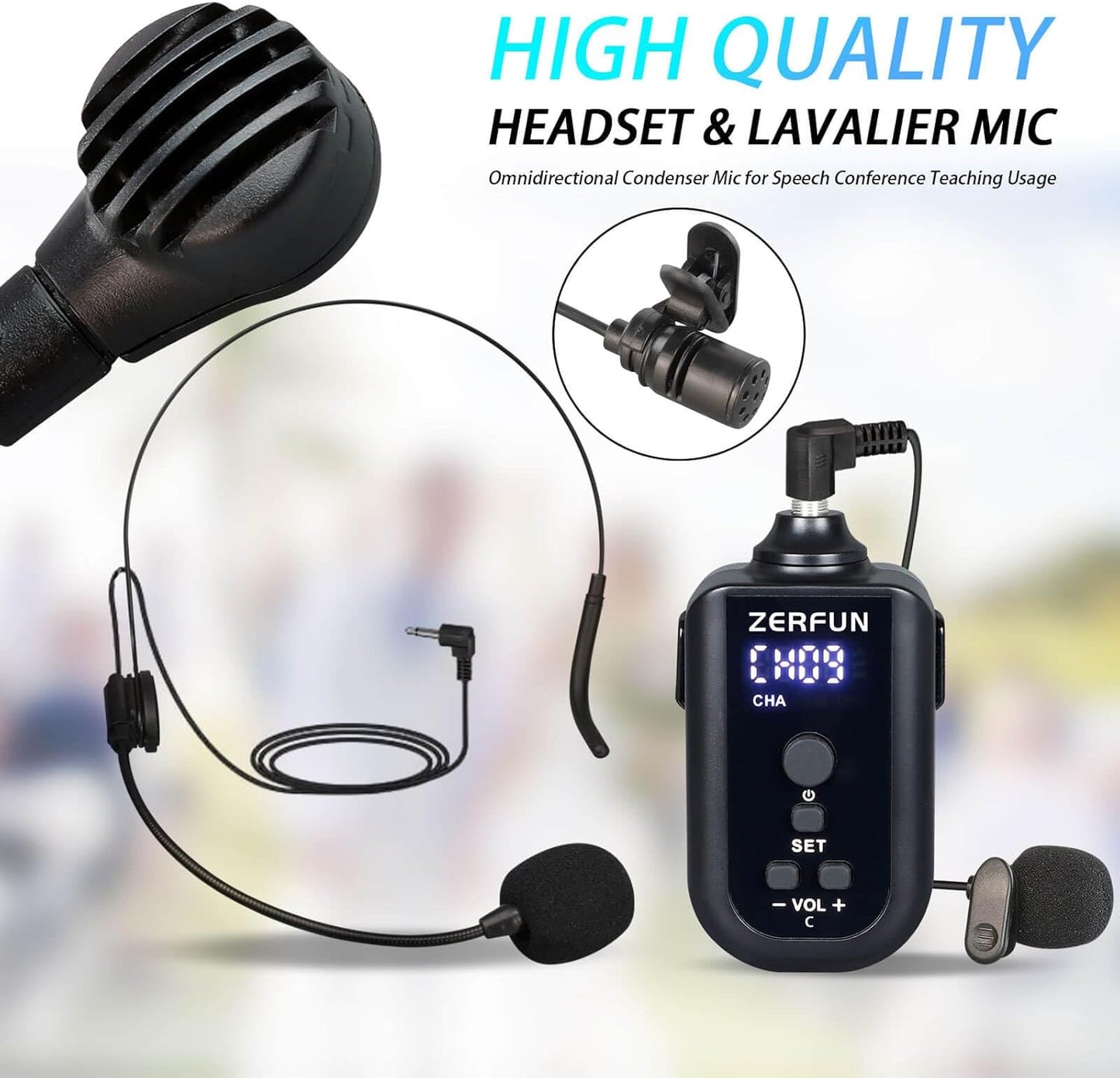 Rechargeable Wireless Microphone System 4 Channel Pro, UHF Metal Headset Lavalier Lapel Mics Cordless for Church Karaoke Singing with Volume Control, 4x50 Frequency(G8)