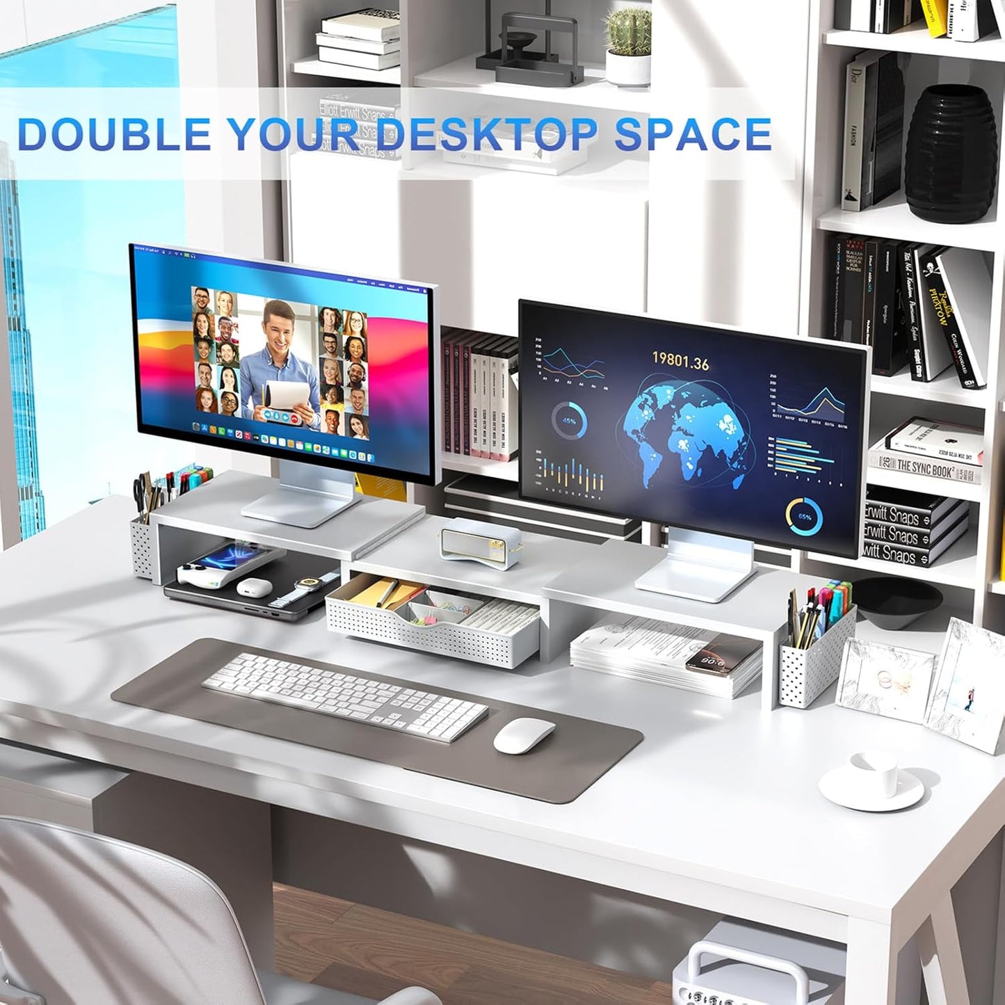 gianotter Dual Monitor Stand Riser, Desk Organizer With Drawer and 2 Pen Holders, Monitor Stand for Desk, Office Decor Essentials (White)