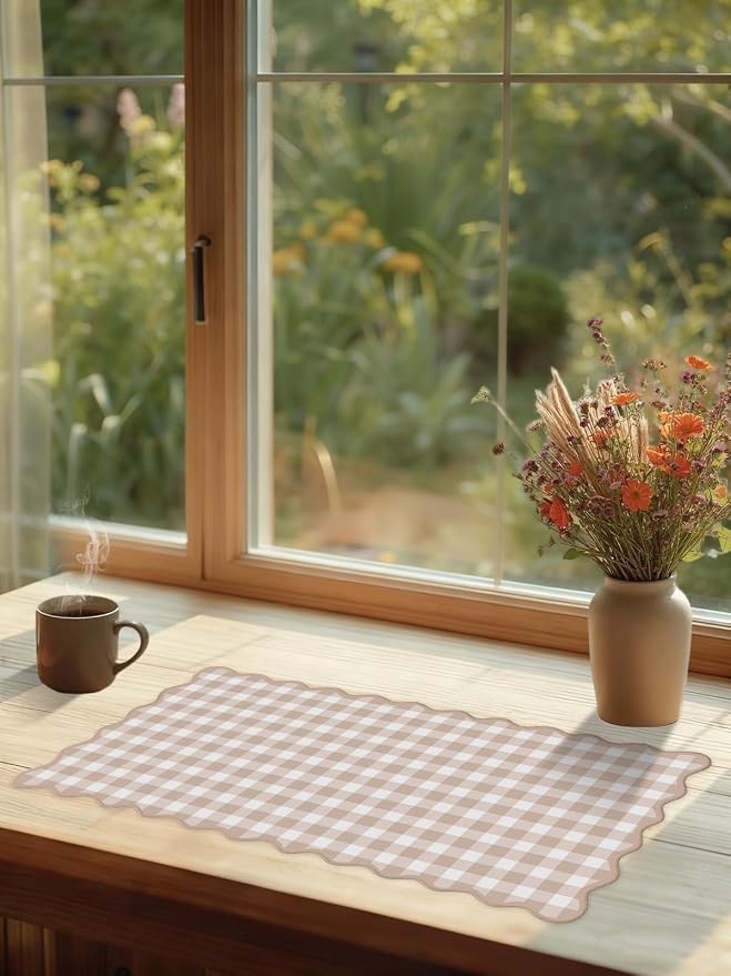 Scalloped Checkered Desk Mat Cute Light Brown Gingham XXL Large Gaming Mouse - Image 7