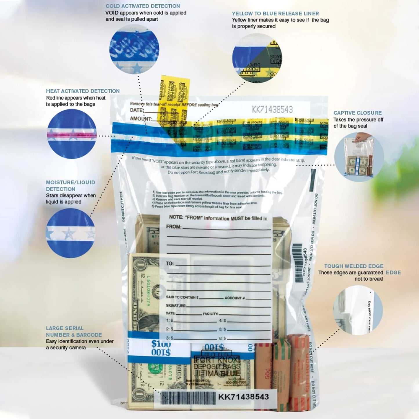 BankSupplies Ultima Blue Dual Pocket White Deposit Bags |20W x 30H | Pack of 100 | Transit, Transfer, Valuables | Tamper Evident Tape | Captive Flap Closure | Security Deposit Bag