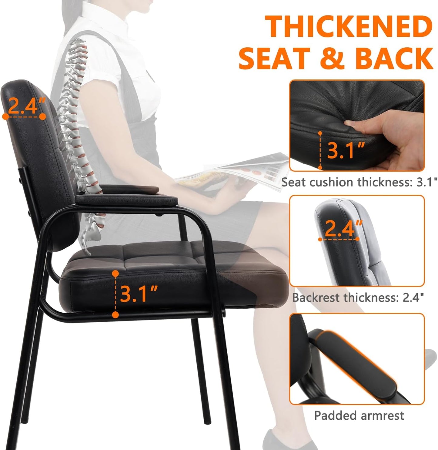 CLATINA Big & Tall 500 lbs Waiting Room Guest Chair, Leather Office Reception Chair No Wheels with Padded Arms for Elderly Home Desk Conference Room Lobby Side Salon Clinic, Black(4 Pack)