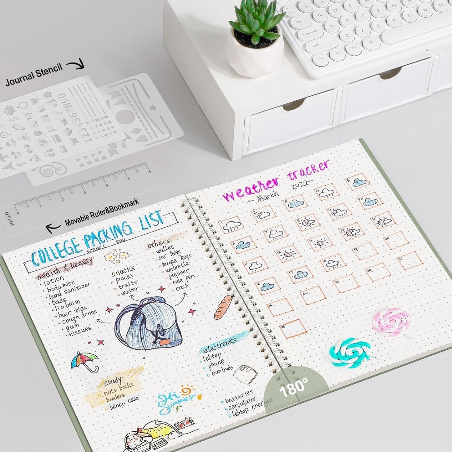 AHGXG Bullet Dotted Journal - Dot Grid Spiral Notebook B5, 140 Pages, 100 GSM Thick Paper, Waterproof Plastic Cover Journals for Bullet Journaling, Sketching, 7.6" x 10", Sage Green