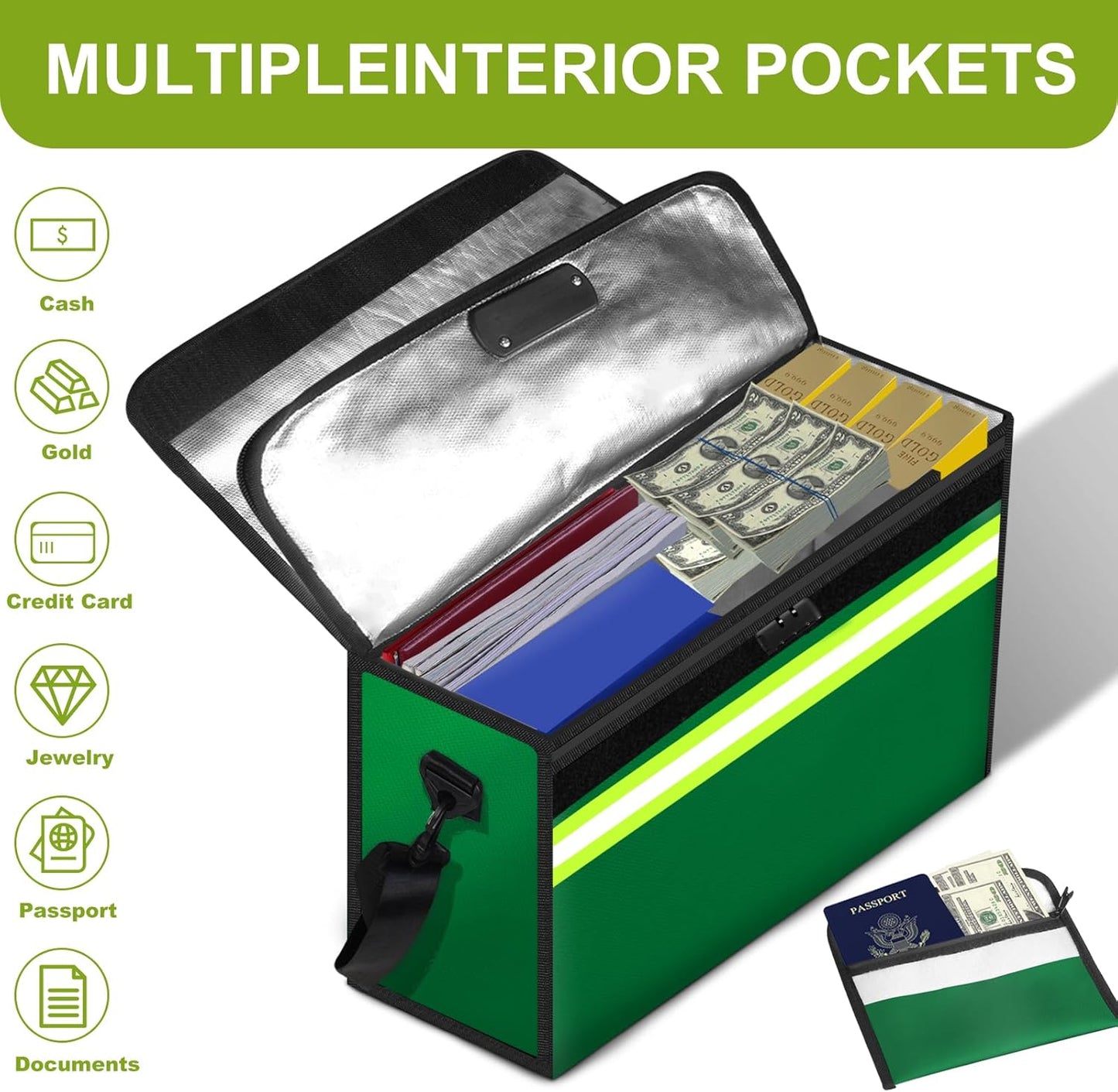6500ยฐF Fireproof Document Bag with Lock-Fireproof Box with 10 Layers Insulation Materials&Waterproof Zipper,Removable Wallet,Reflective Strip for Cash,Documents,Jewelry(14.2โx 9.6โx 4.1โ)