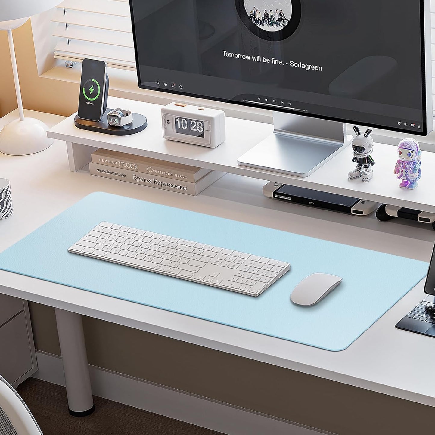 Boutilon Leather Desk Pad Protector,Non-Slip Mouse Pad,Laptop Desk Pad,Office Mouse Mat,Waterproof Leather Desk Blotter,Desk Writing Pad for Office and Home (S-Light Blue,24"x 14")