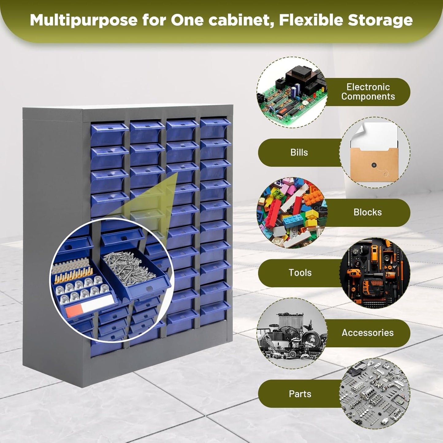 40-Drawer Parts Storage Cabinet – Multi-Purpose Organizer for Screws, Bolts, Nails, Craft Supplies, Legos, Makeup & Tools – Compact Plastic Drawer Unit for Garage, Workshop, Classroom & Home