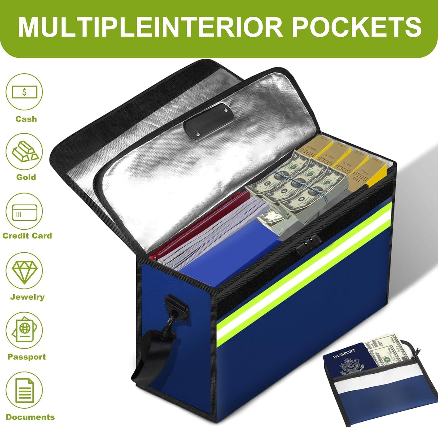 Fireproof Money Bags with Lock-6500ยฐF Fireproof Document Box,10 Layers Insulation Materials&Waterproof Zipper,Removable Folder Layers/Wallet,Reflective Strip for Cash,Valuables(14.2โx 9.6โx 4.1โ)