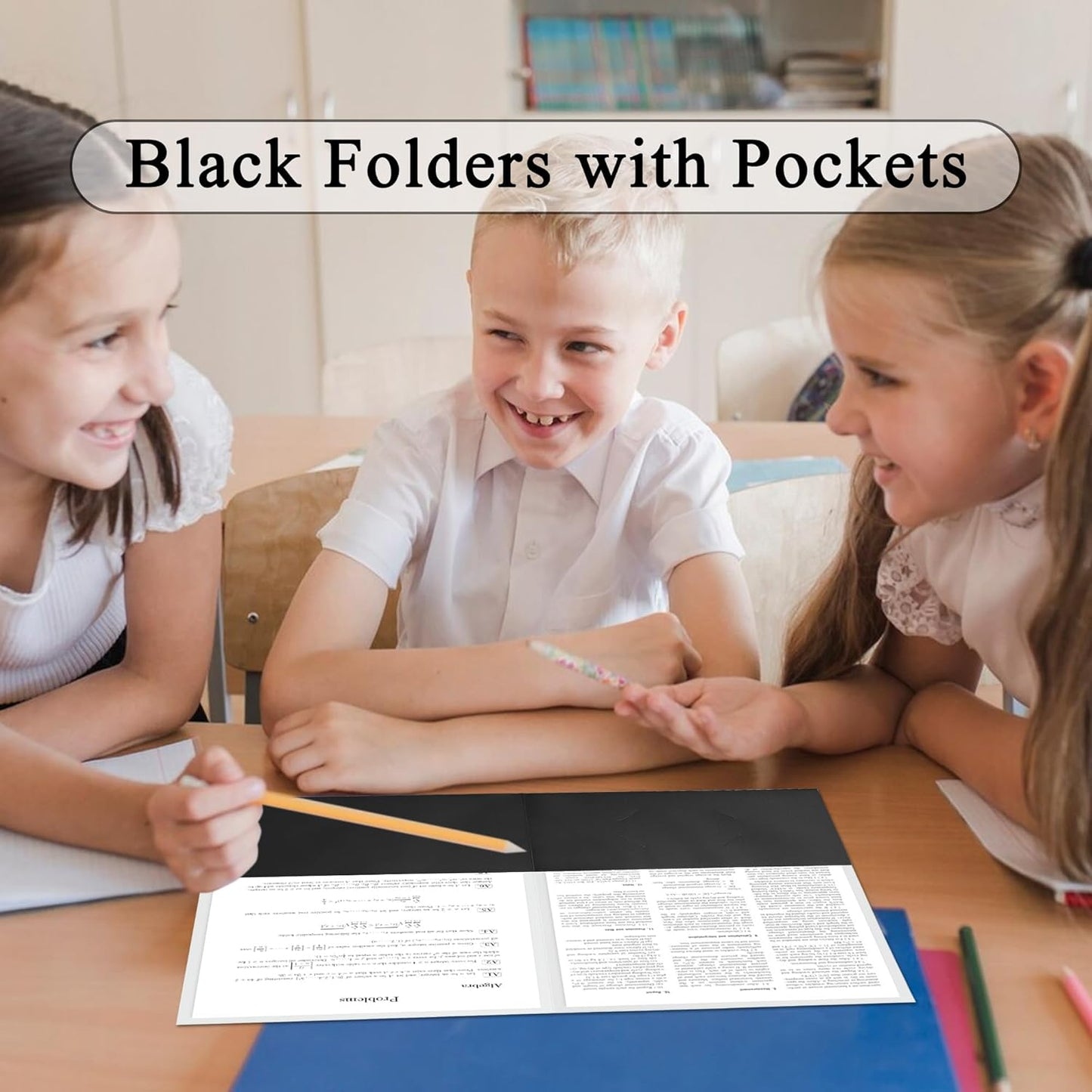 Zzrywuty 100 Packs Two Pocket File Folders with Business Card Slot,Textured Paper,Letter Size,Holds 100 Sheets for School,Office,Business,Black