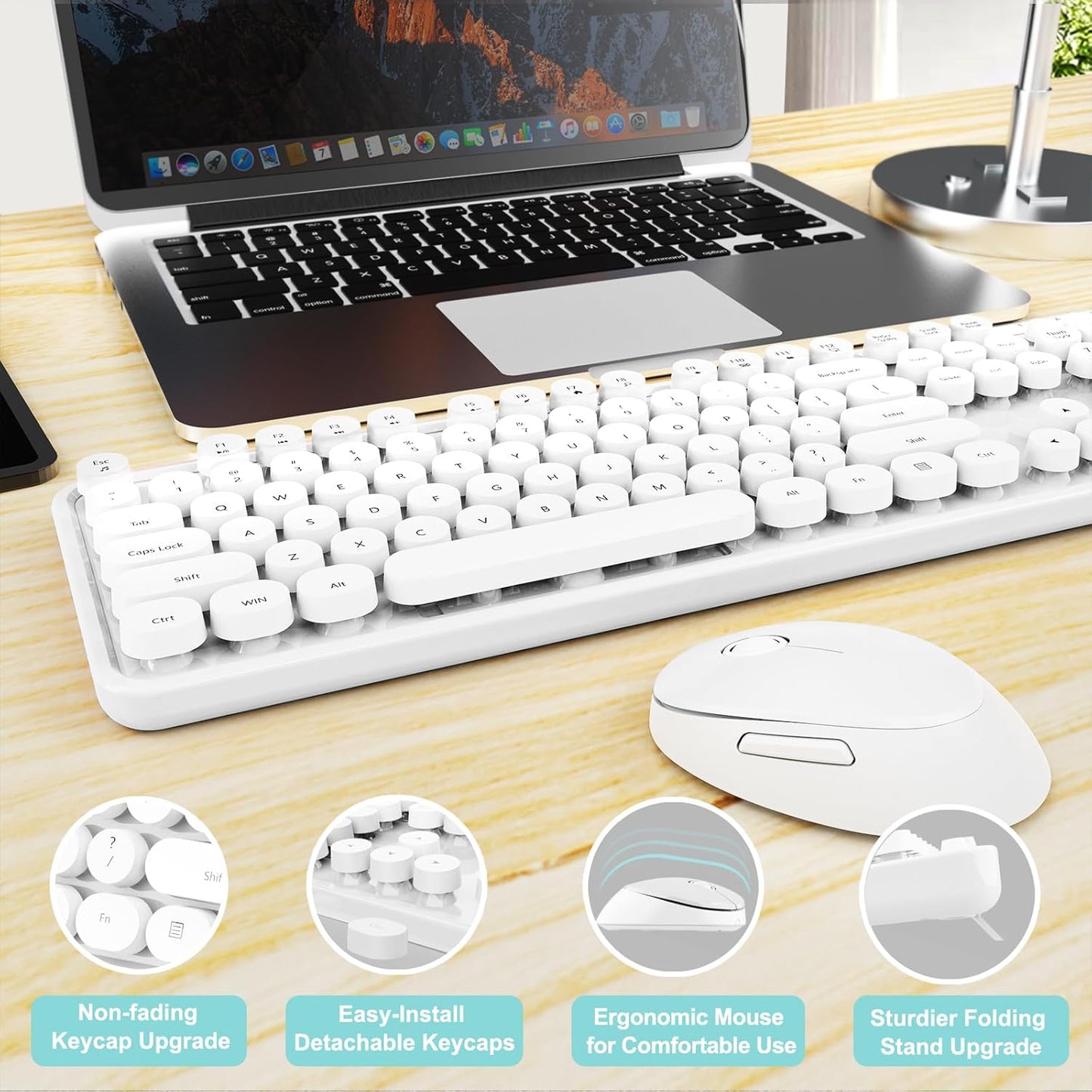 Wireless Keyboard and Mouse Combo, Ergonomic Full Size Typewriter Retro Round Keycaps Keyboard, Compatible with Windows, PC, Perfer for Home and Office Keyboards๏ผWhite๏ผ