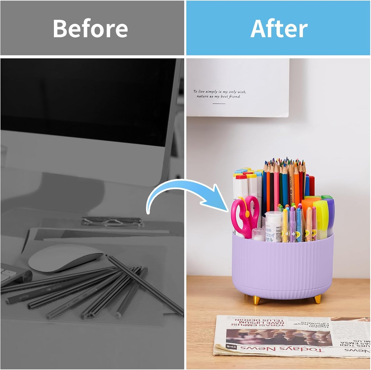 Marbrasse Desk Organizer, 360-Degree Rotating Pen Holder, Desk Organizers and Accessories with 5 Compartments Pencil Holder, Art Supply Storage Box Caddy for Office, Home(Purple)