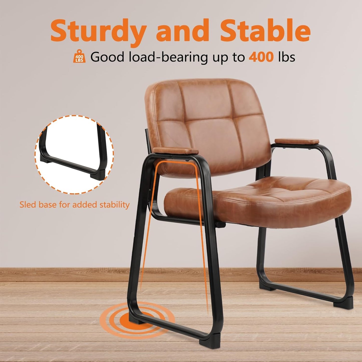CLATINA Big & Tall 500 lbs Waiting Room Chairs with Padded Armrests and Sled Base, Leather Stationary No Wheels Office Guest Chair for Reception Lobby Home and Meeting Conference, Brown (8 Pack)