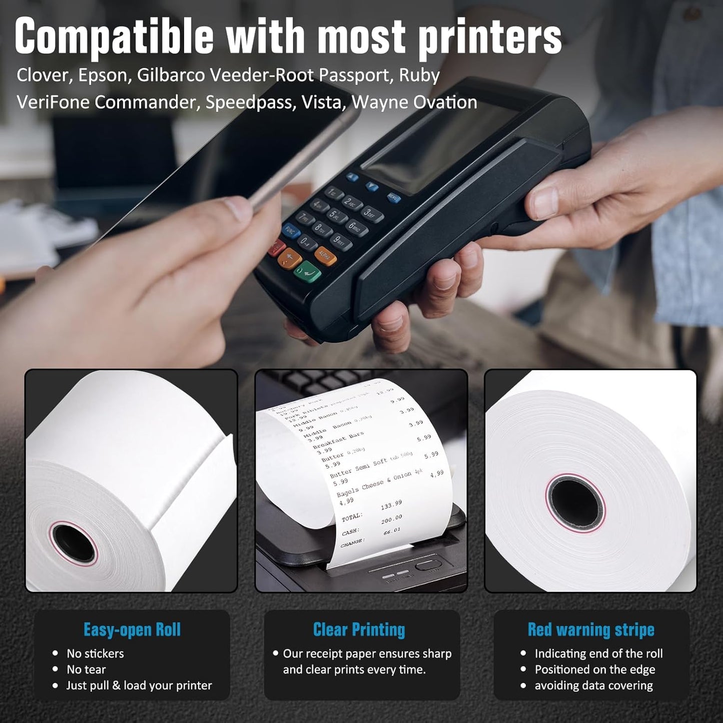 Thermal Paper Rolls - Bpa-Free 2 1/4 Inch X 200ft Register Tape, 50-Pack For Smooth Credit Card Machine Printing
