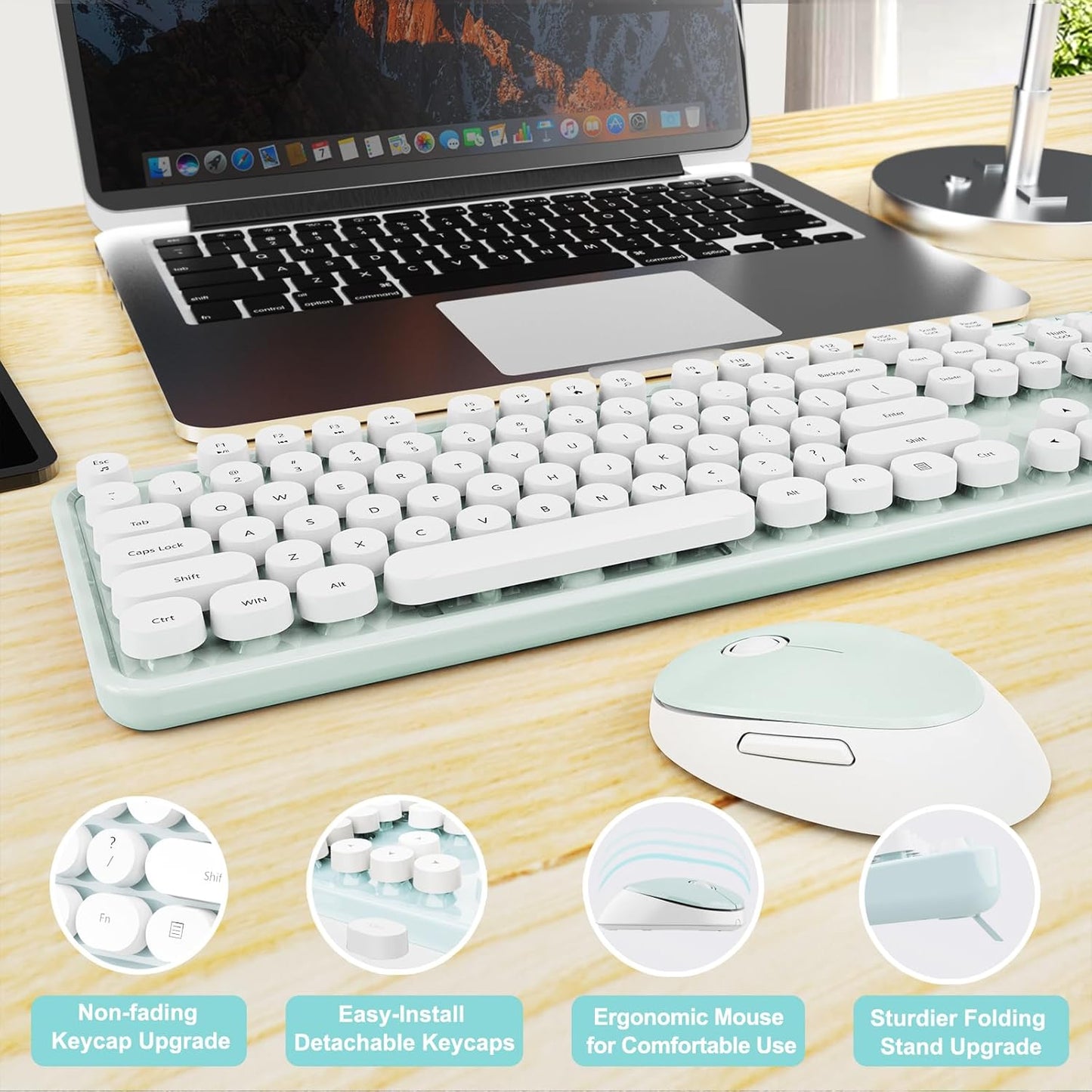 Wireless Keyboard and Mouse Combo, Ergonomic Full Size Typewriter Retro Round Keycaps Keyboard, Compatible with Windows, PC, Perfer for Home and Office Keyboards๏ผGreen๏ผ