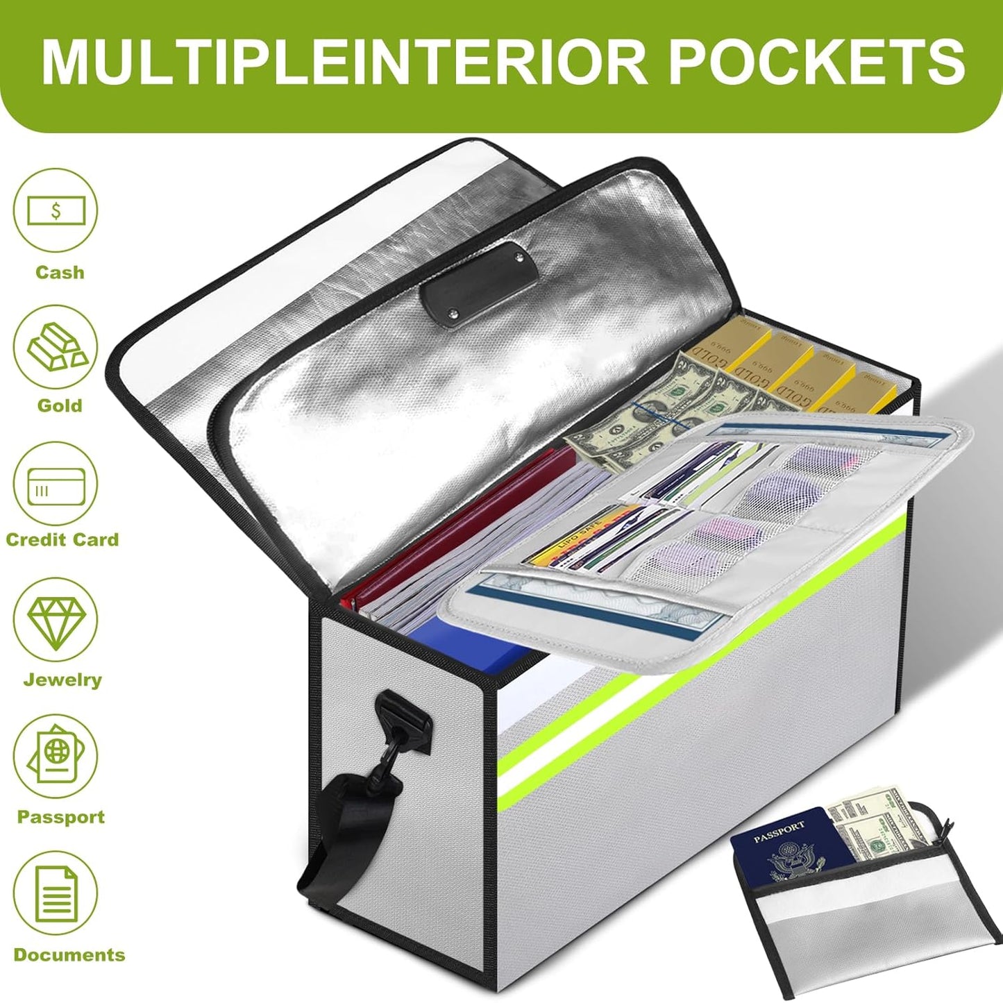 Large Fireproof Money Bags with Lock-6500ยฐF Fireproof Document Box,10 Layers Insulation Materials&Waterproof Zipper,Removable Folder Layers/Wallet,Reflective Strip for Valuables(16.5โx 12.4โx 5.5โ)