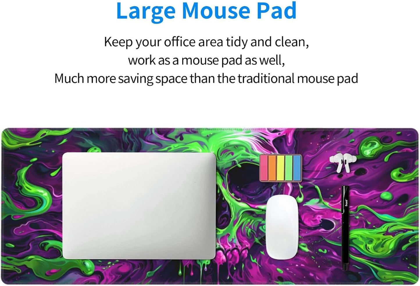 Gaming Mouse Pad Desk Pad,Extended Big Mouse Pad,31.5x11.8 Inch Long Computer Keyboard Mouse Mat Mousepad with 3mm Non-Slip Base and Stitched Edge for Gaming and Officeโฆ (Watercolor Skull 2)