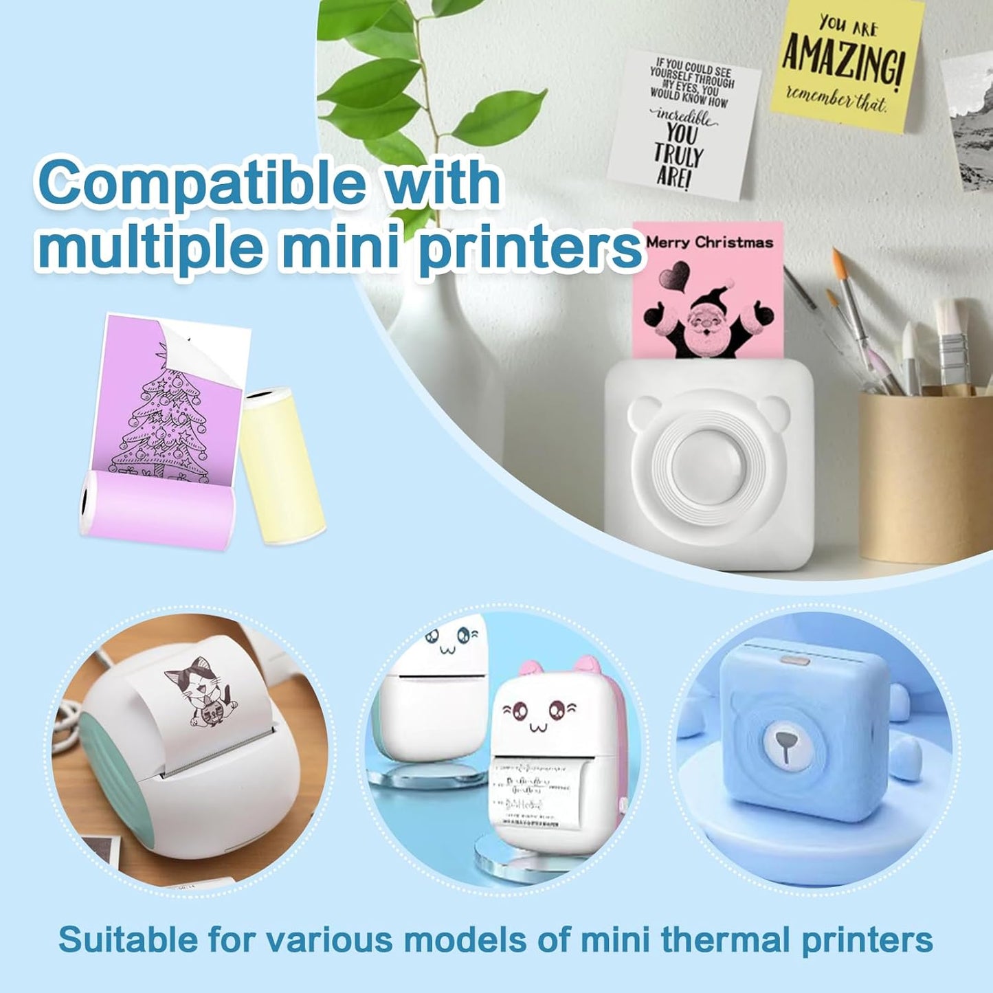 12 Rolls 53mmx3.75m Thermal Printer Paper, Mini Colorful Self-adhesive Label Printer Paper for Memoking Mini Printer, Small Printer T02/M02, Study Notes, Journal Photos (Multicolor)