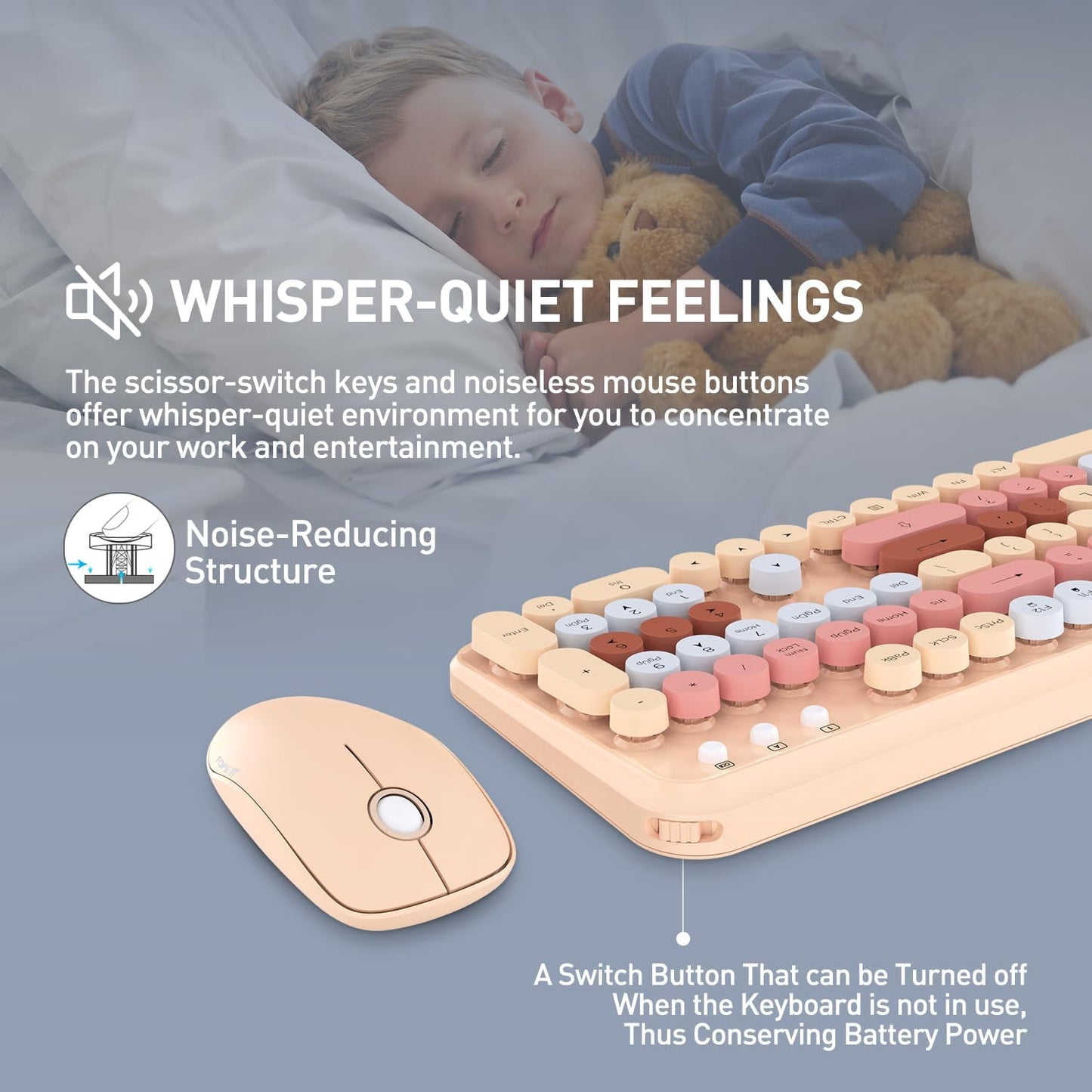 Cute Retro Wireless Keyboard and Mouse Combo with Round Key, 2.4Ghz Dropout-Free Connection, Typewriter Wireless Keyboard and Mouse Set for PC, Laptop, Desktop Computer - Brown Colorful