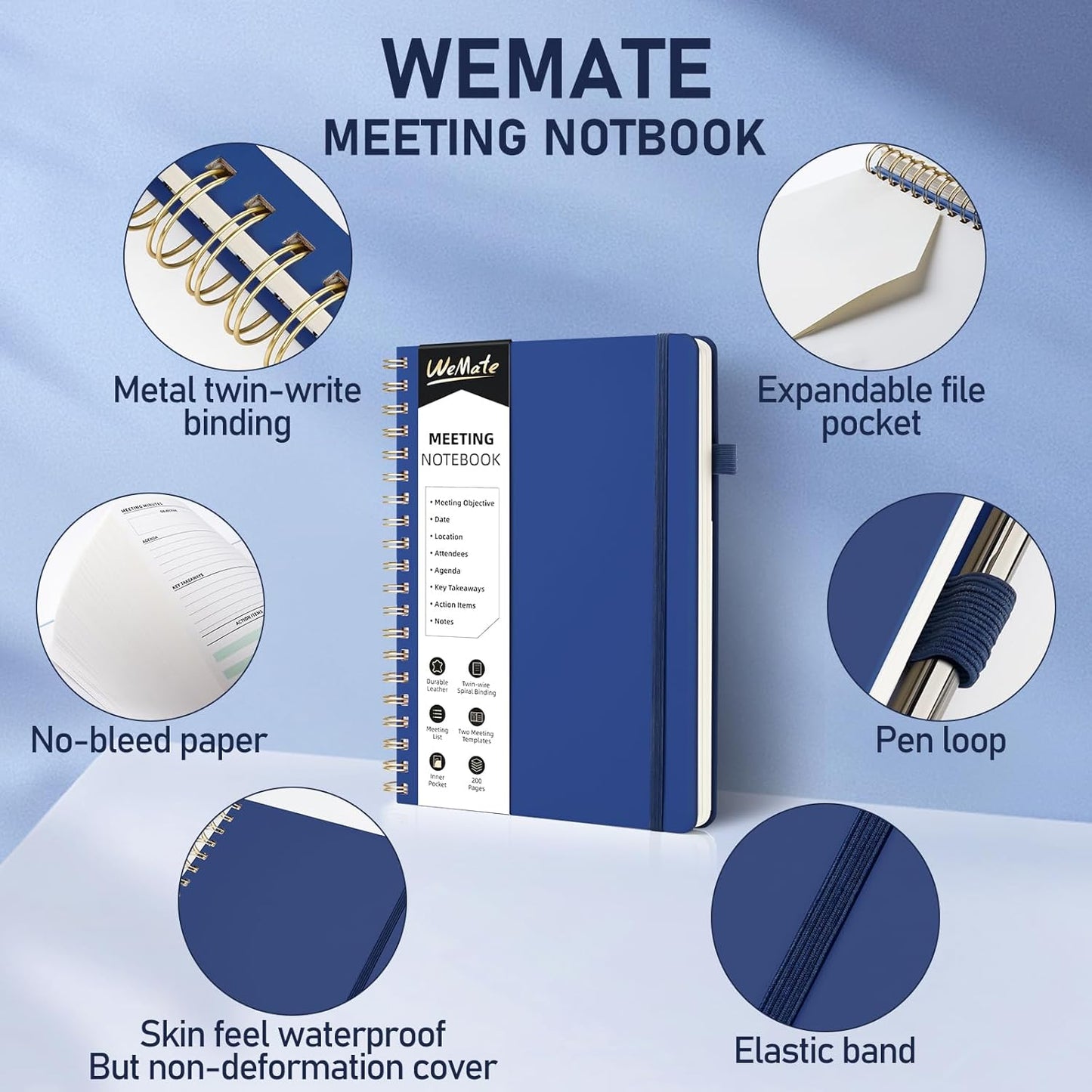 WEMATE 5 Pack Meeting Notebooks for Work(7"x10") 200 Pages, PU Leather Notebook with Action Items & Note, For Staff & Students, Meeting, Projects Planning- Black, Blue, Green, Olive Green, Dark Blue