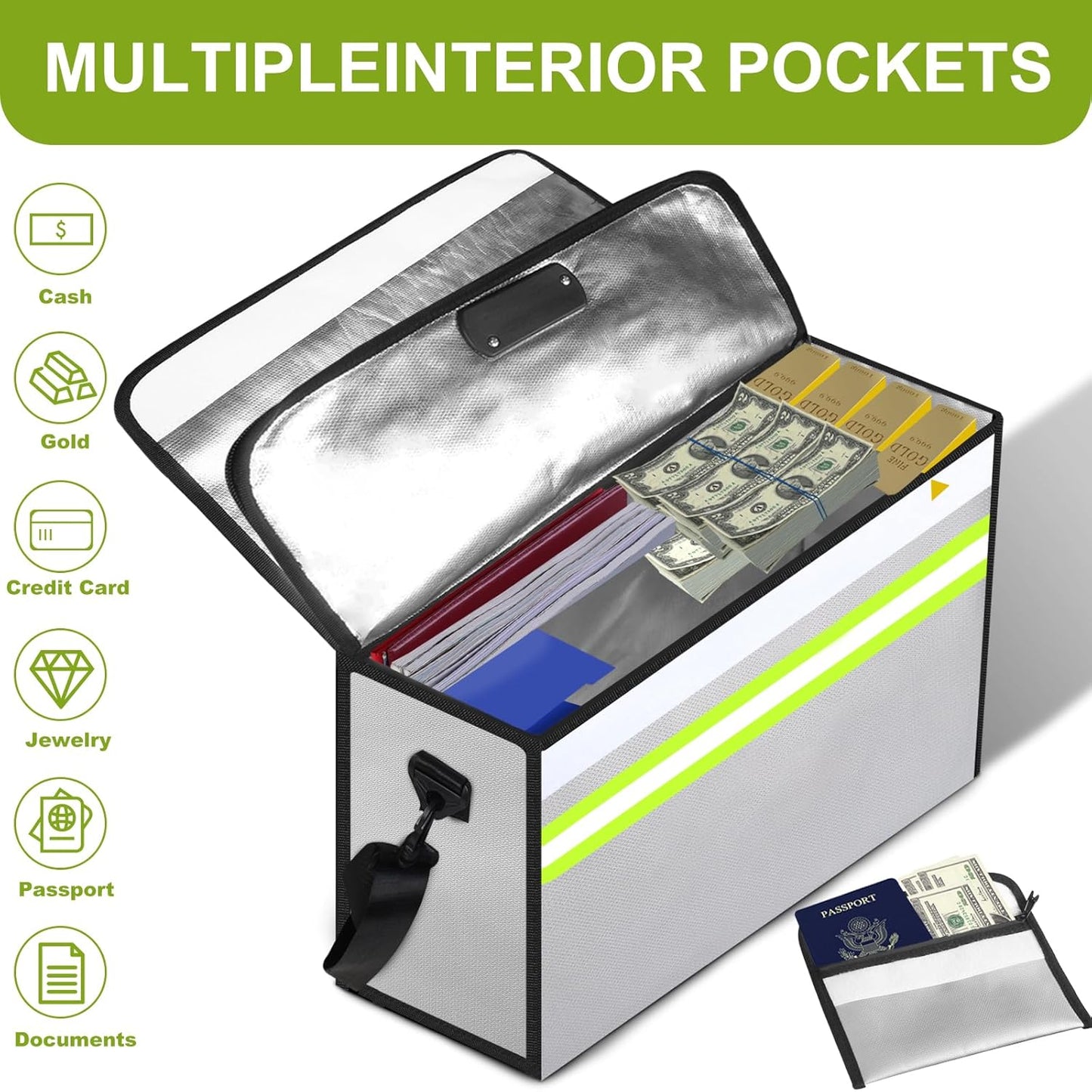 Fireproof Money Bags with Lock-6500ยฐF Fireproof Document Box,10 Layers Insulation Materials&Waterproof Zipper,Removable Folder Layers/Wallet,Reflective Strip for Cash,Valuables(14.2โx 9.6โx 4.1โ)