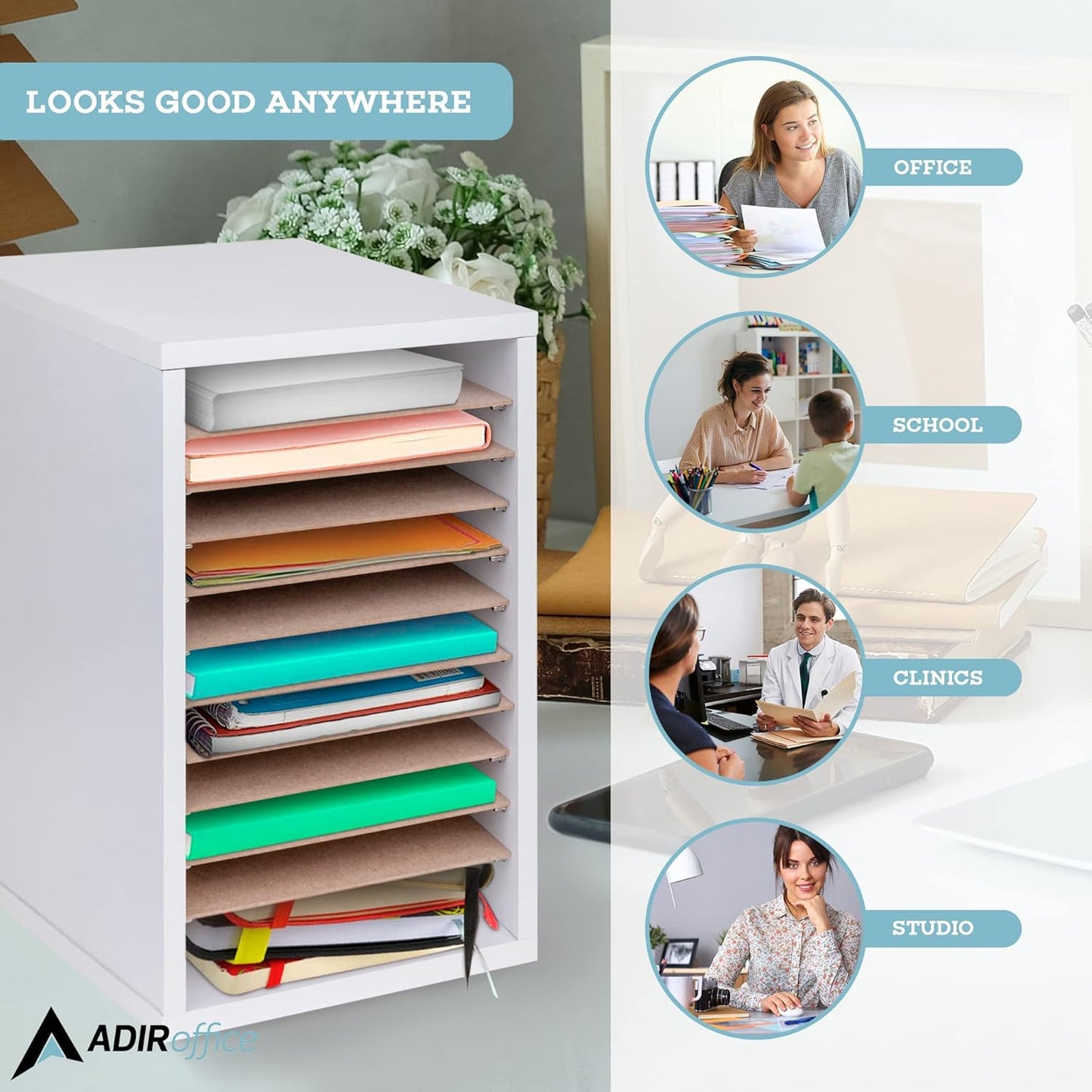 AdirOffice Classroom Mailbox - 11 Compartment Wooden Mail Organizer, Construction Paper Storage, Vertical Desktop Sorter with Slots, Mailboxes With Removable Shelves (11 Slot, White)