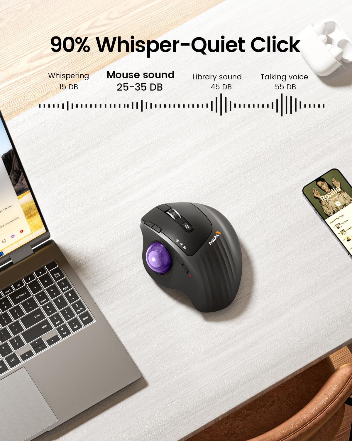 ProtoArc Wireless Trackball Mouse, EM01 NL Ergonomic Bluetooth Rollerball Thumb Rechargeable Computer Laptop Mouse, Adjustable Angle & 3 Device Connection for PC, Mac, Windows-Purple Ball
