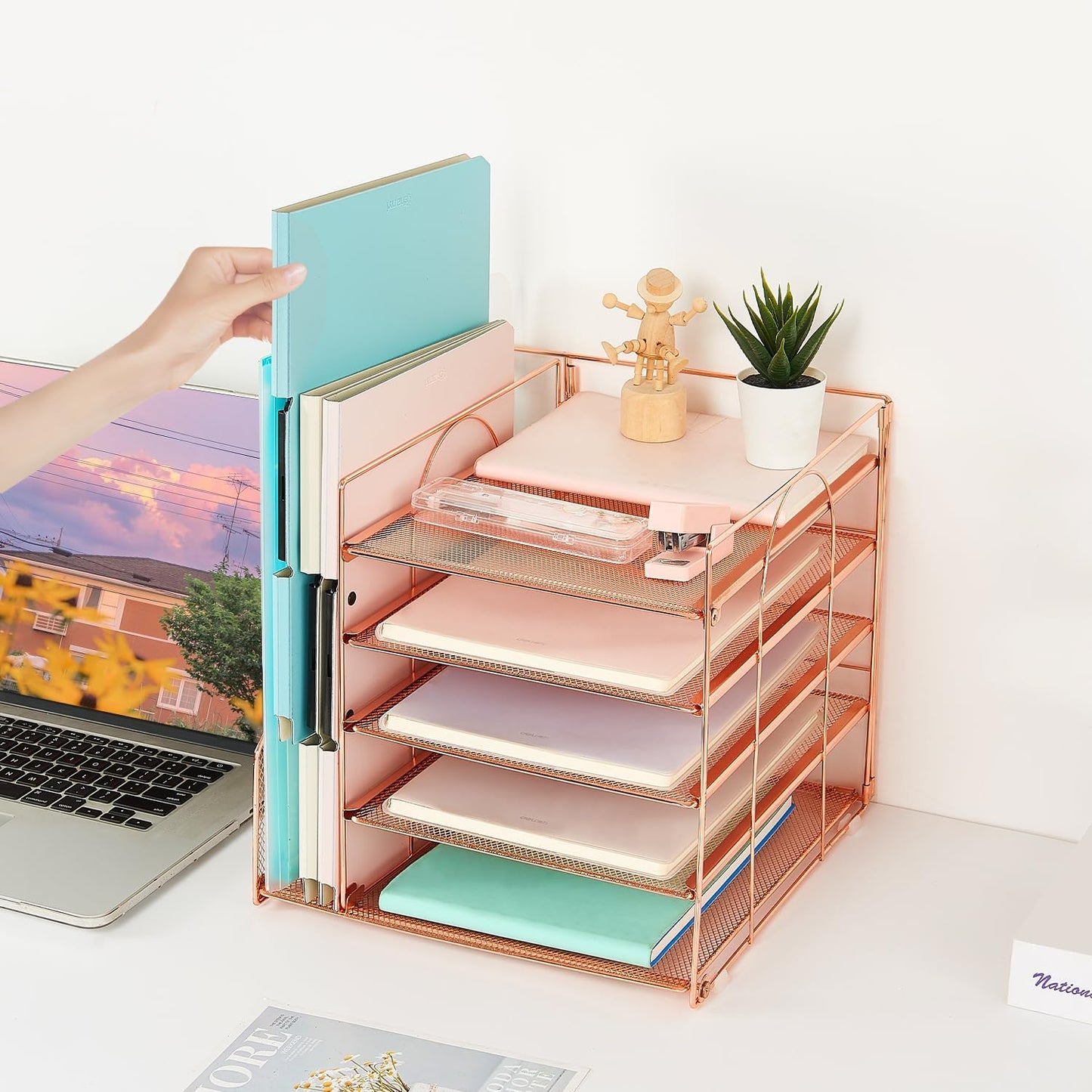 AUPSEN Desk Organizer with File Holder, 5 Trays Paper Letter Tray Organizer, Mesh Desk Organizers and Accessoriesand for Home Office (Rose Gold)