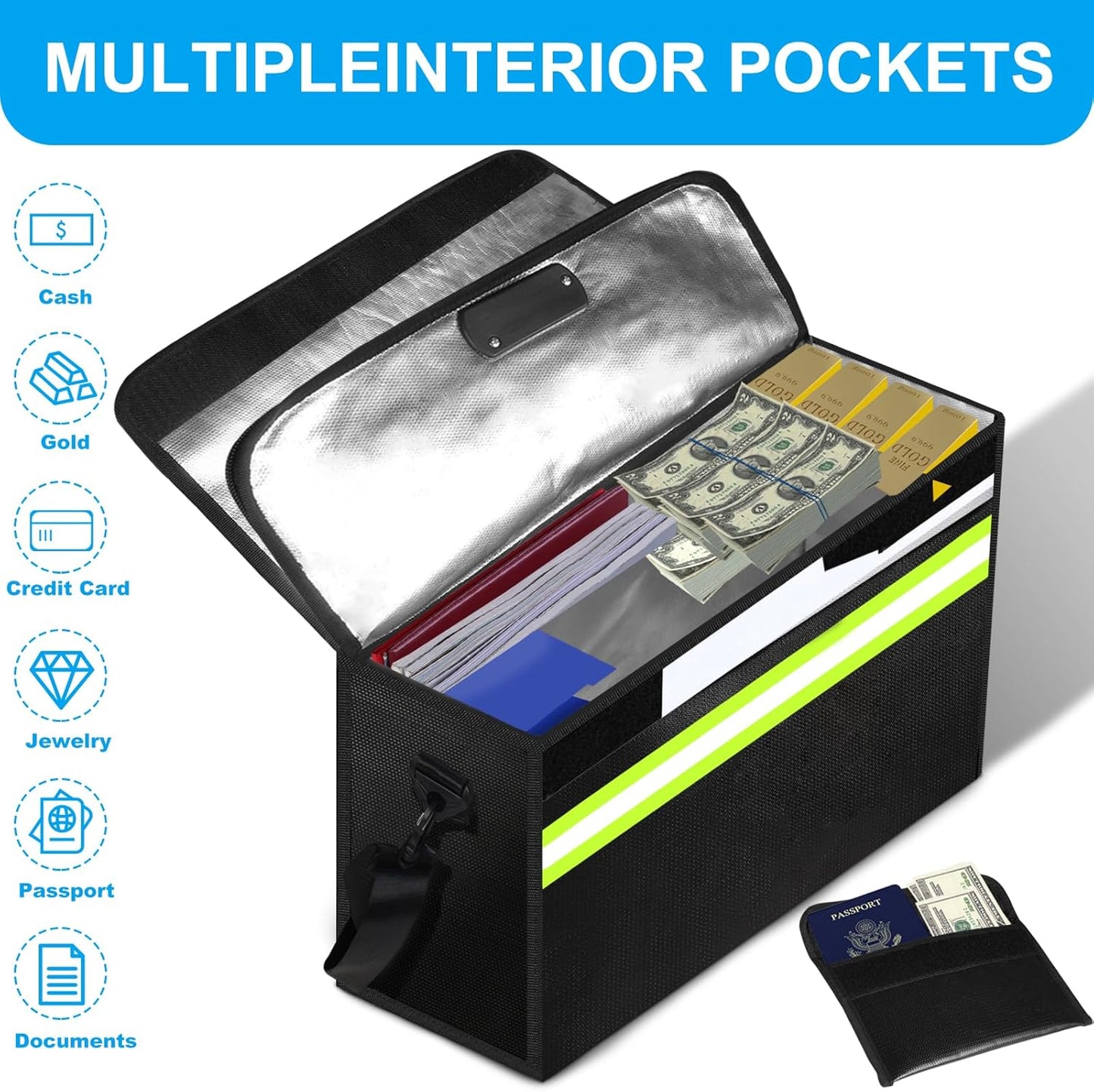 6500ยฐF Fireproof Document Bag with Lock-Fireproof Box with 10 Layers Insulation Materials&Waterproof Zipper,Removable Wallet,Reflective Strip for Cash,Documents,Jewelry(14.2โx 9.6โx 4.1โ)