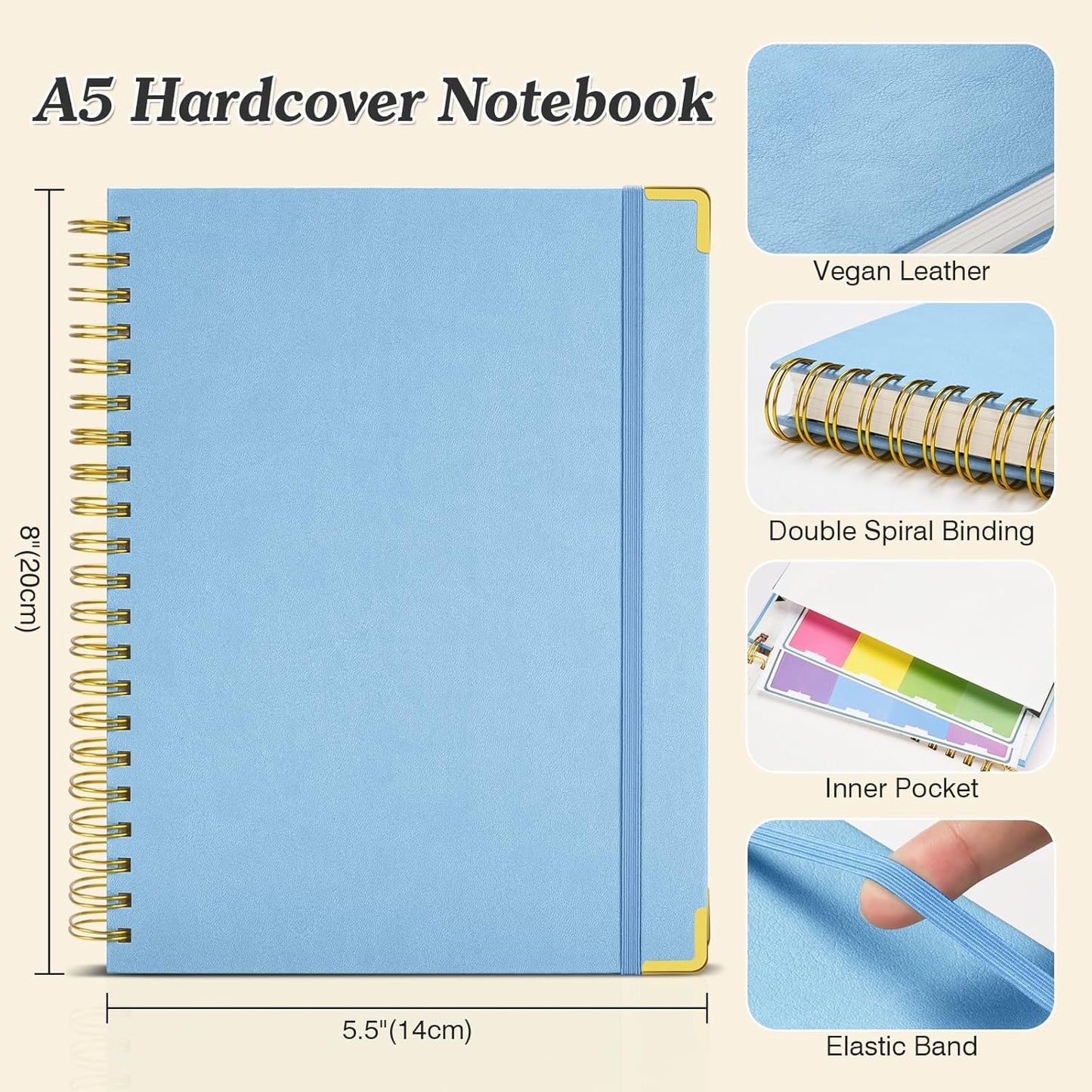 Spiral Notebook, 300 Numbered Pages Notebooks College Ruled with Contens, 100GSM Thick Journal for Women Men, Hardcover Leather Lined Journal for Writing, Large A5 Journaling Notebooks for Work School