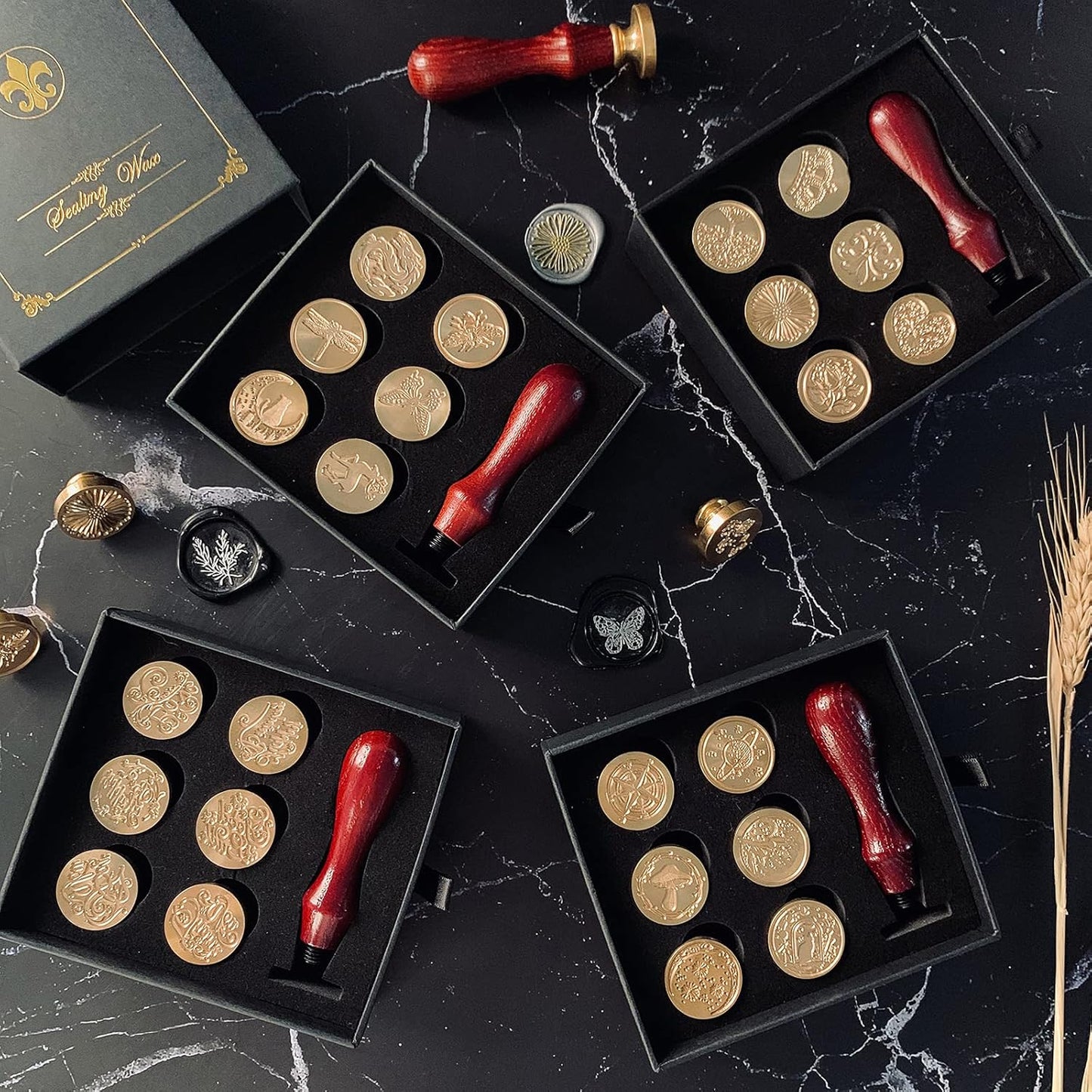 Wax Seal Stamp Hot Stamping Gift Box Set, 6 Pcs Sealing Wax Stamps Copper Seals 1 Wooden Hilt, Wax Stamp Kit for Cards Envelopes, Gift Packaging (Plant)