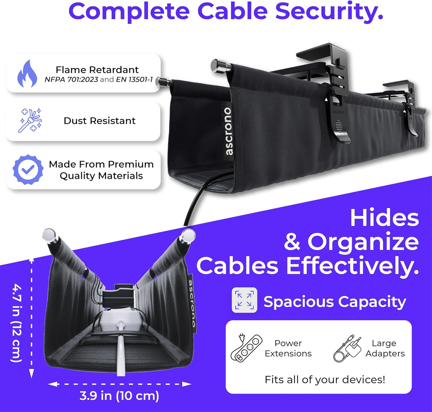 Original No Drill Under Desk Cable Management Tray 40.6" - Premium Black Fabric Cable Management Under Desk - Clamp/Screw Mount Cord Organizer - Supports Upto 66lbs - Large