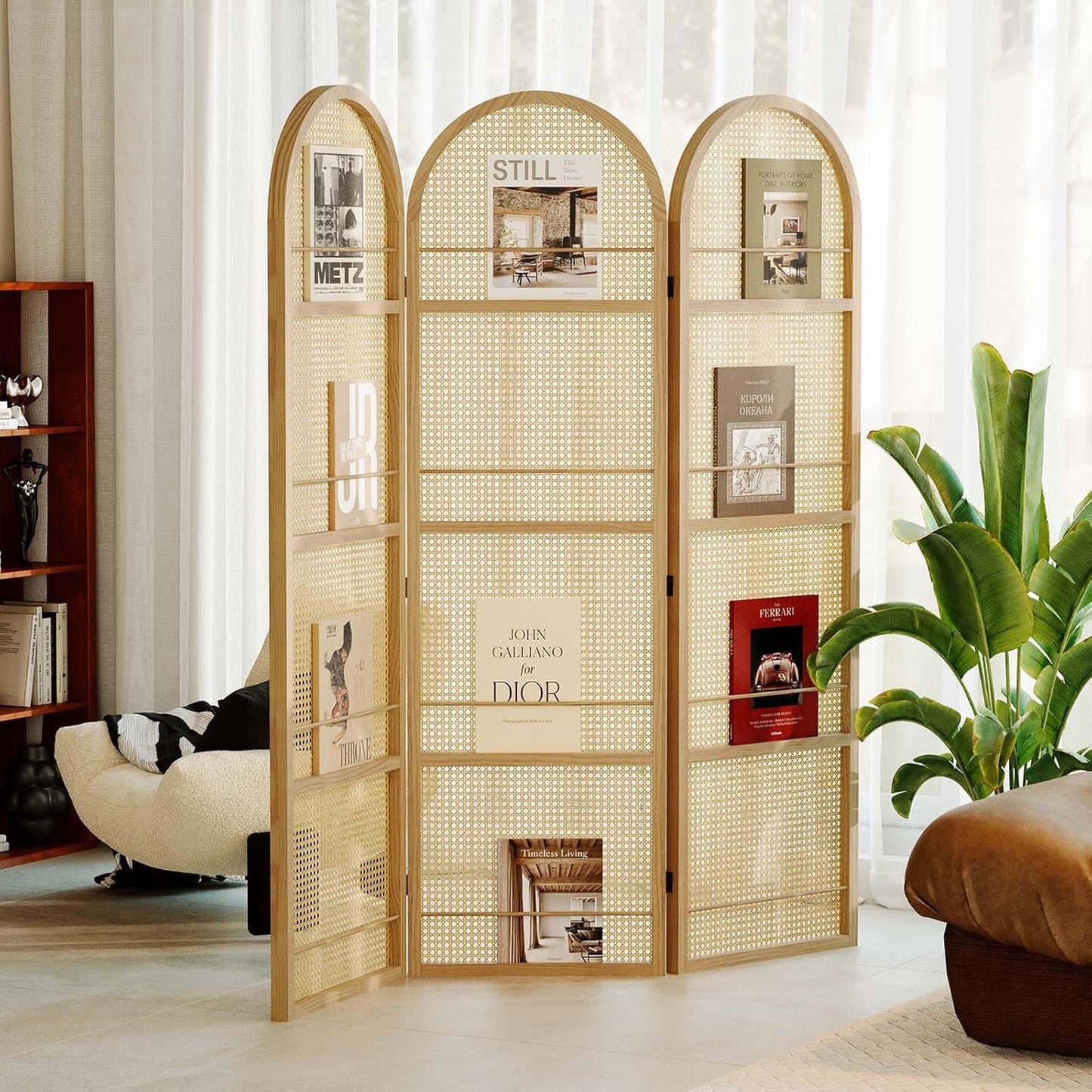 Rattan Room Divider with Built-in Bookshelf | Foldable Privacy Screen & Portable Partition for Home Office, Bedroom, Reading Nook | Wooden Frame, Freestanding Design (Natural-Rattan)