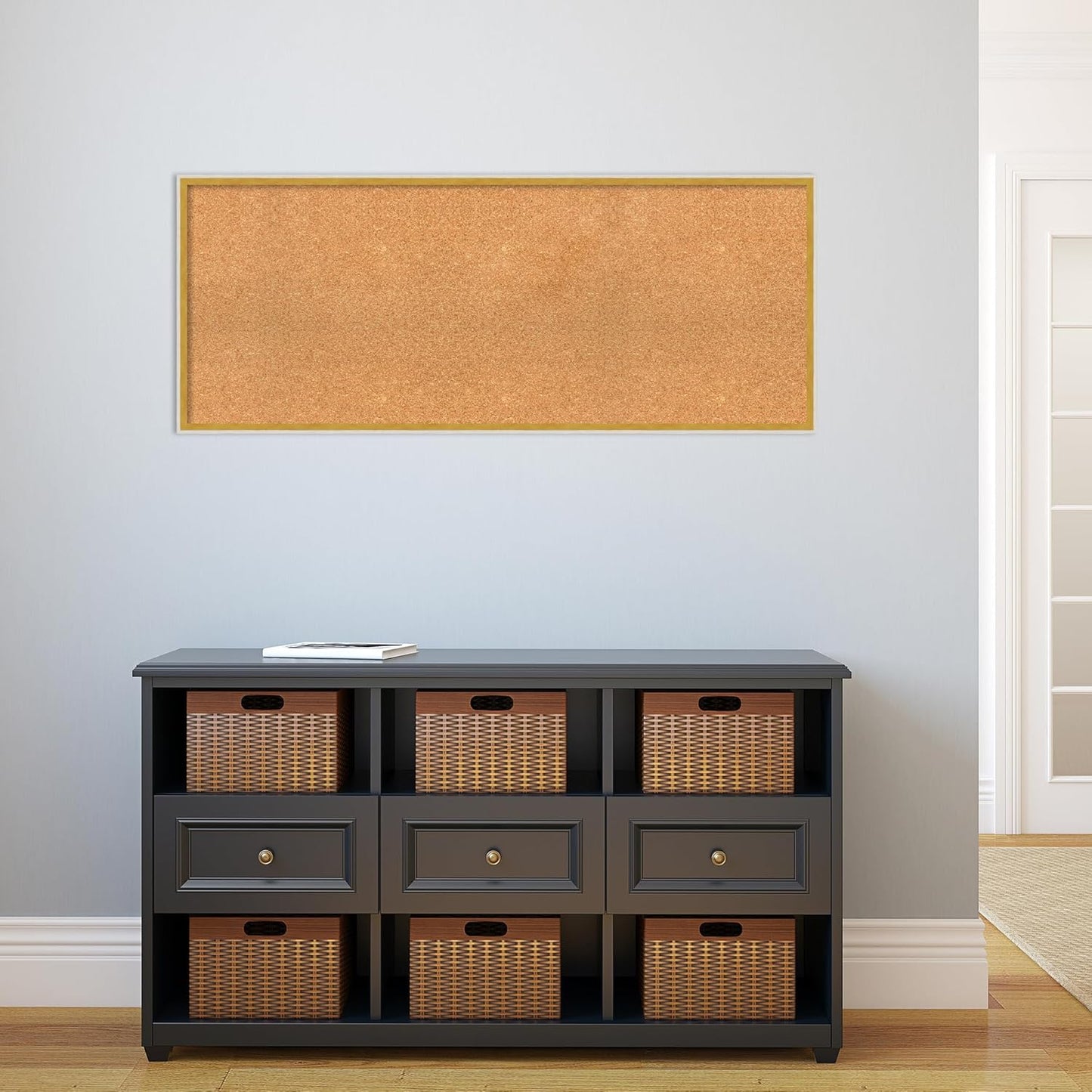Amanti Art Natural Cork Board for Wall, 19x47 Vision Board with White Frame, Oversize Corkboard Office Decor for Home Organization, Modern Corkboard Pinboard to Display Items for Home Organization in