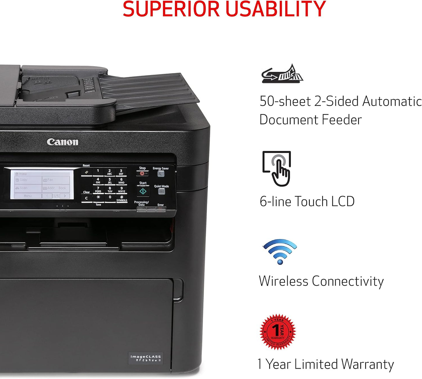 Canon imageCLASS MF269dw II - Monochrome, Duplex Wireless Laser Printer, All-in-One with Scanner, Copier, Fax, Auto Document Feeder, Mobile Ready, 30 PPM, Black