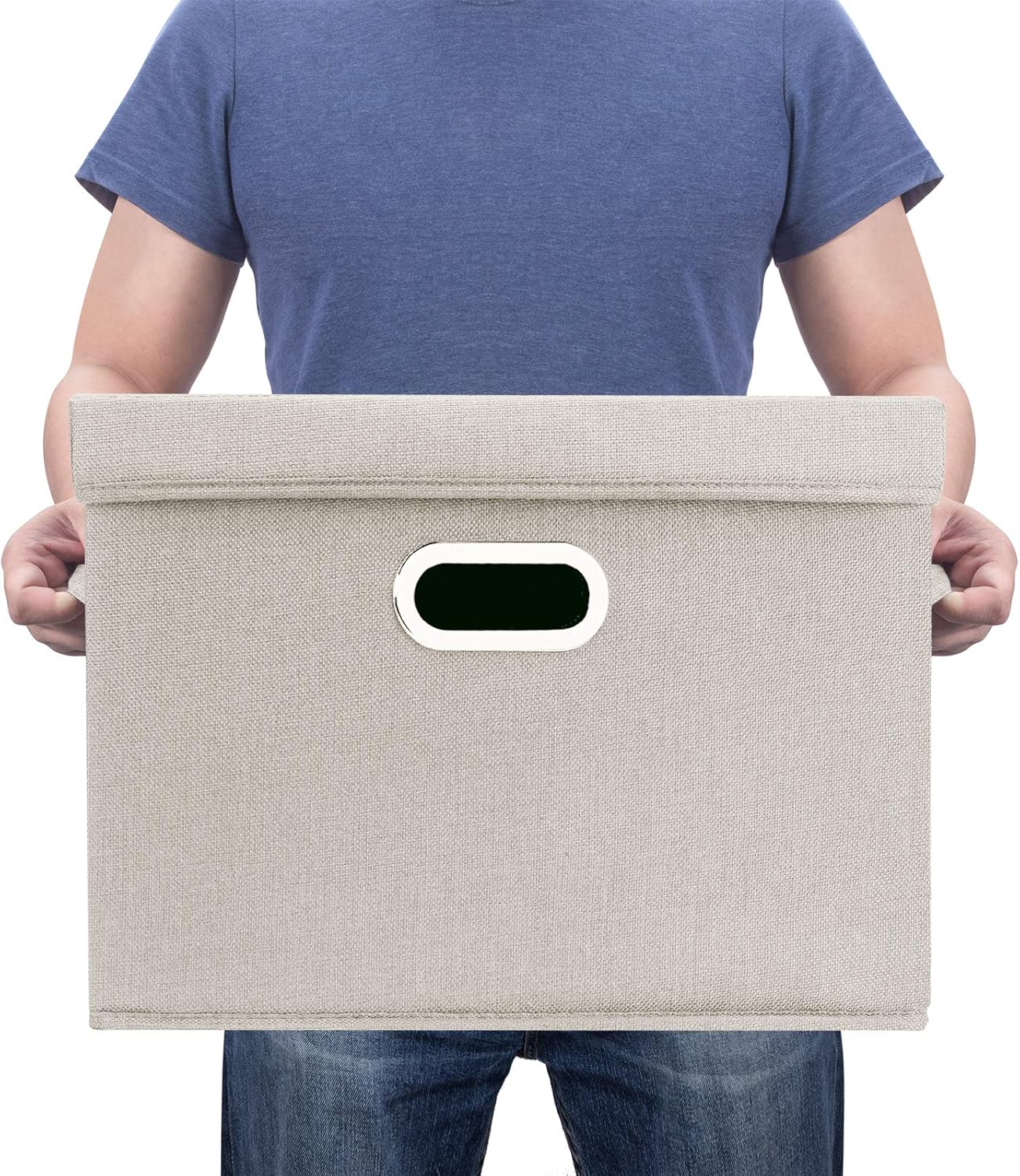 TYEERS Large Storage Bins with Lids, Collapsible, Washable, Fabric Storage Boxes for Organizing, 17.3x11.8x11.4 inches, 3 Pack, Beige