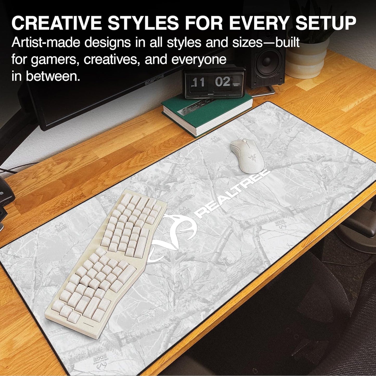 MPCO. Real Tree Large Gaming Desk Pad - 36" x 17" Duraglyde Fabric Edge Snow White – with Logo Desk Mats - Non-Slip, Washable, Smooth Glide for Precision Gaming & Work