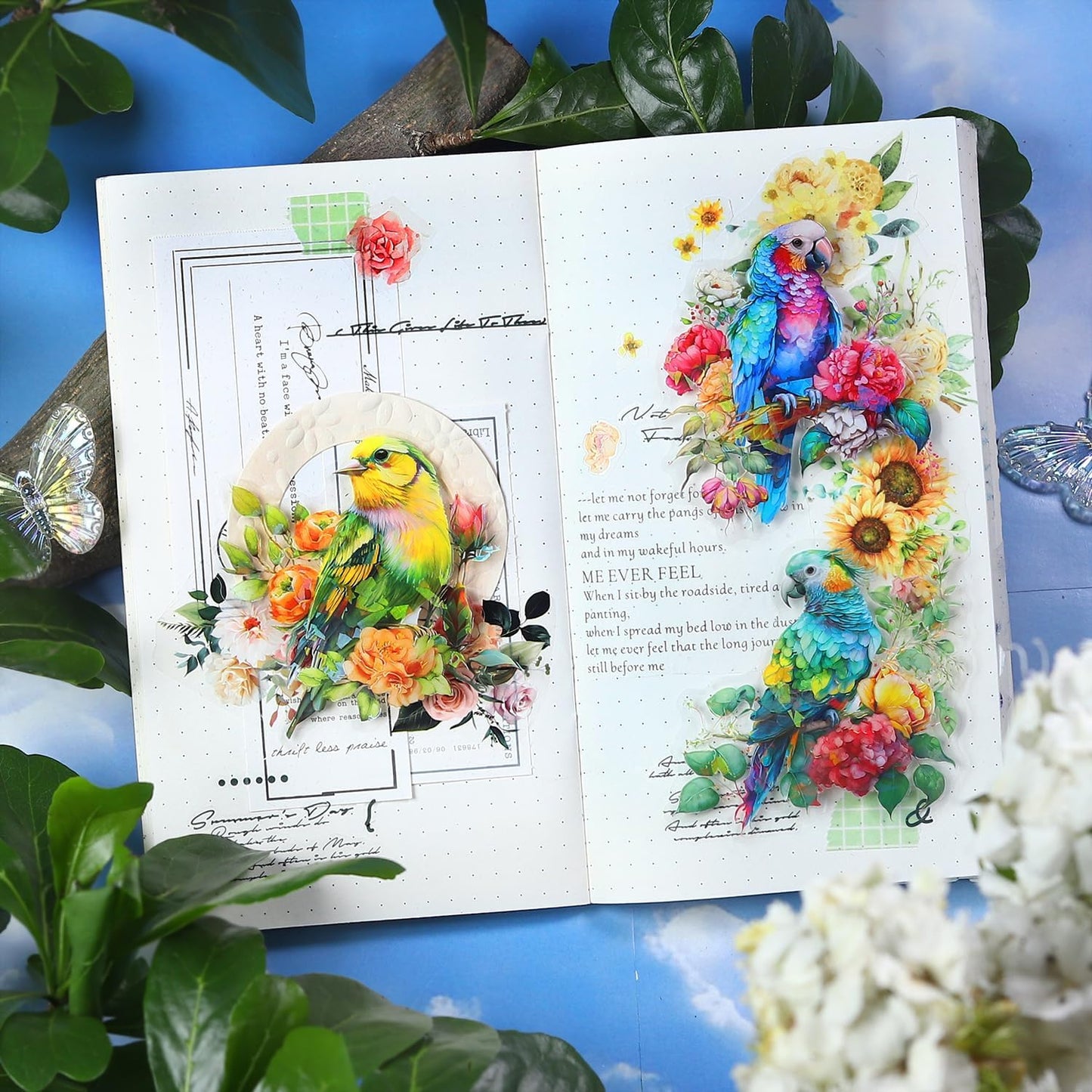 60Pcs Flowers and Birds PET Stickers, Holographic Nature Designs for Scrapbooking, Journaling Supplies, Junk Journal Ephemera, Includes Organizer