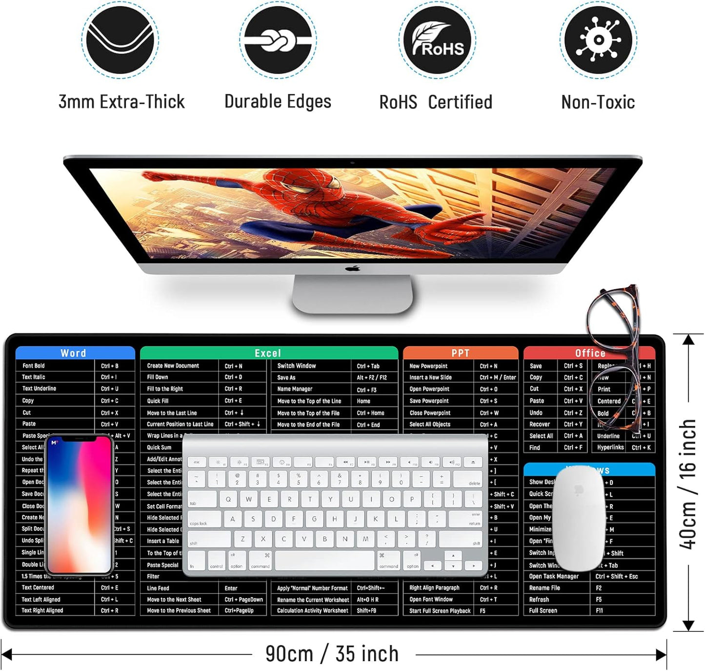 JIALONG Large Gaming Mouse Pad Desk Mat Office Software Excel Shortcuts Mousepad with Personalized Design Extended Size 35.4 X 15.7inches by Office Users