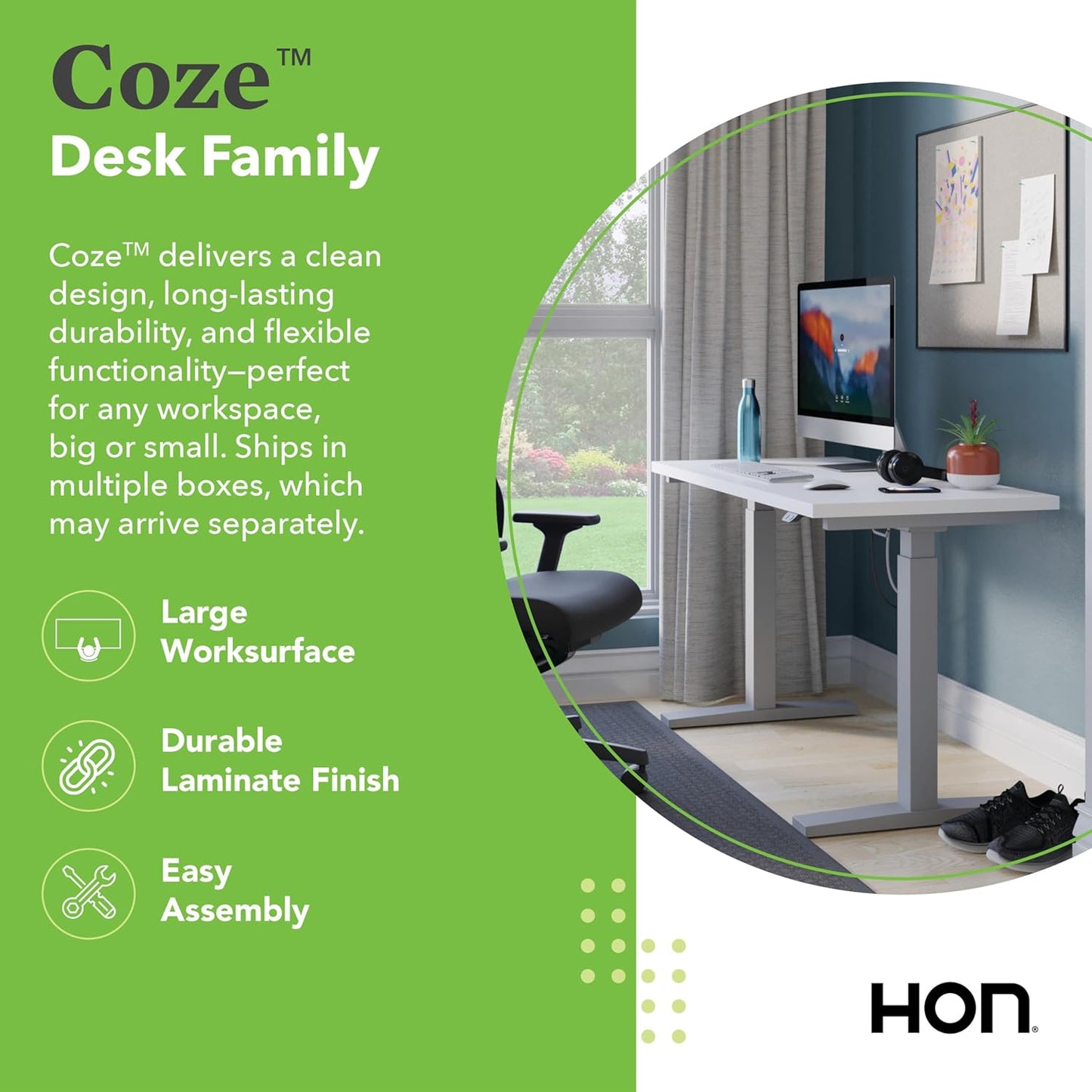 HON Coze Electric Standing Desk Adjustable Height, Coordinate Height Adjustable Desk, 54", Natural Recon Top, Silver Base