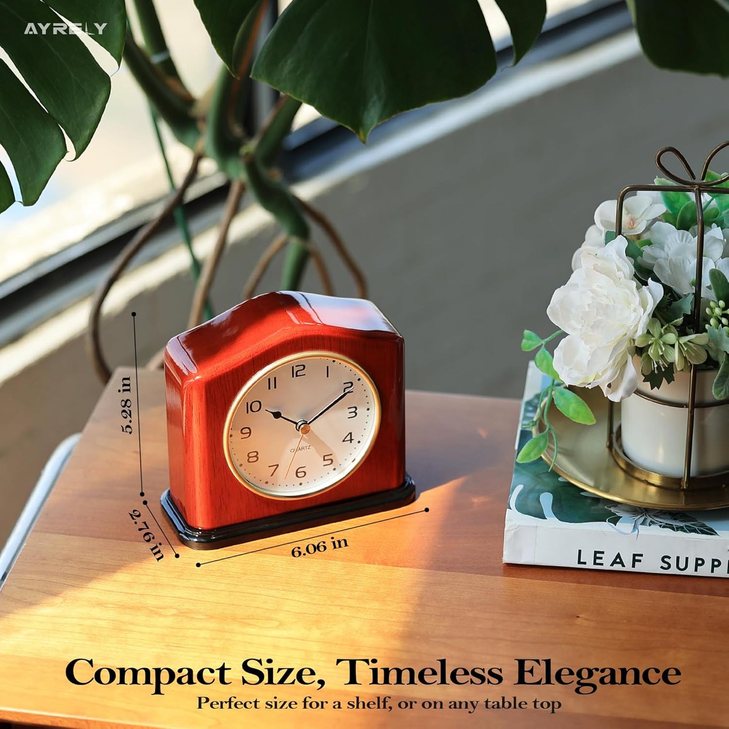 AYRELYยฎ Mantel Clock, Handcrafted Solid Wood Desk Clock with Silent Movement, Piano-Gloss Finish, Elegant Table Clock for Fireplace, Bedroom, Office & Gifts