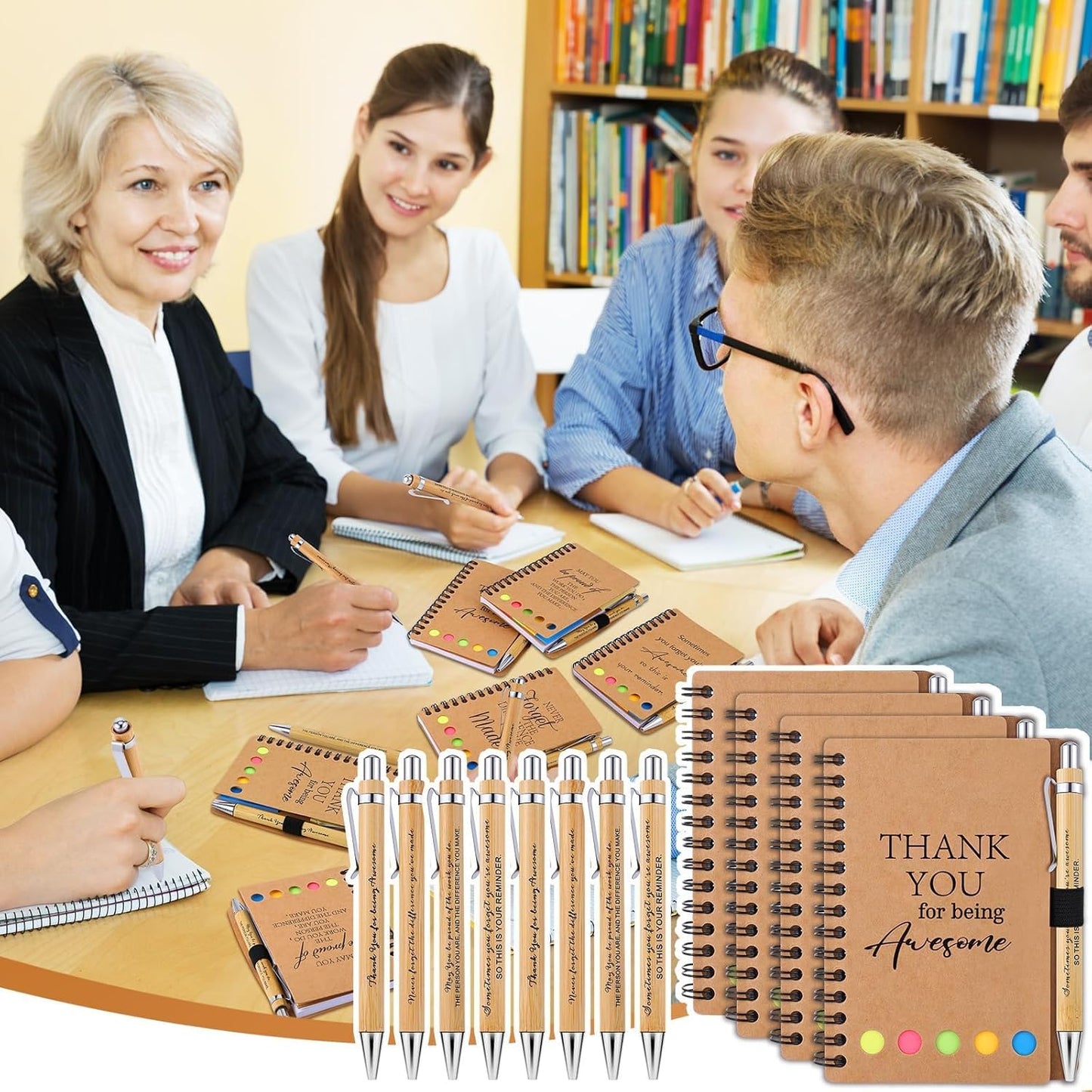 60 Sets Employee Appreciation Gifts Spiral Notebooks with Sticky Notes Notepads Thank You Journals Inspirational Bamboo Ballpoint Pens Bulk for Nurse Teacher Coworker