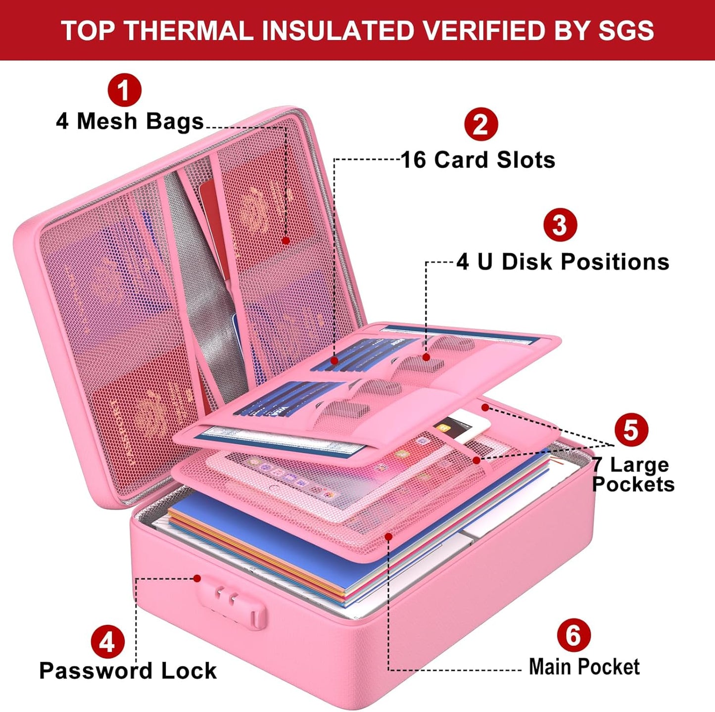 ENGPOW 5200°F Fireproof Document Bag with Lock, Upgraded Heat Insulated Fireproof&Waterproof Box 8 Layers Document Organizer, Portable Home Travel Safe Storage Box for Important Files, Laptop, Pink