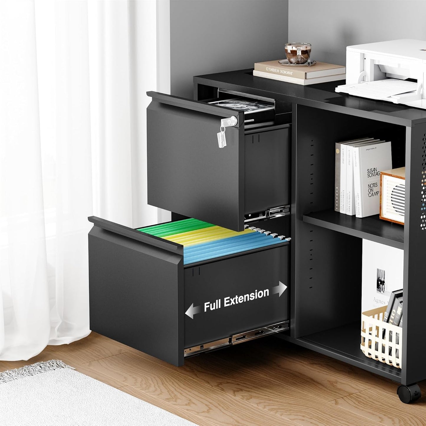 Mobile Lateral File Cabinet,2 Drawer Filing Cabinet with Lock fits A4/F4 or Letter Size for Home Office,Metal Rolling Printer Stand with Open Storage Adjustable Shelves(Black)