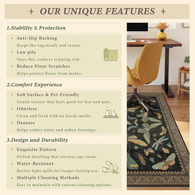 3'x4' Black Office Chair Mat for Hardwood Floors, Insect Boho Design, Non-Slip - Image 7