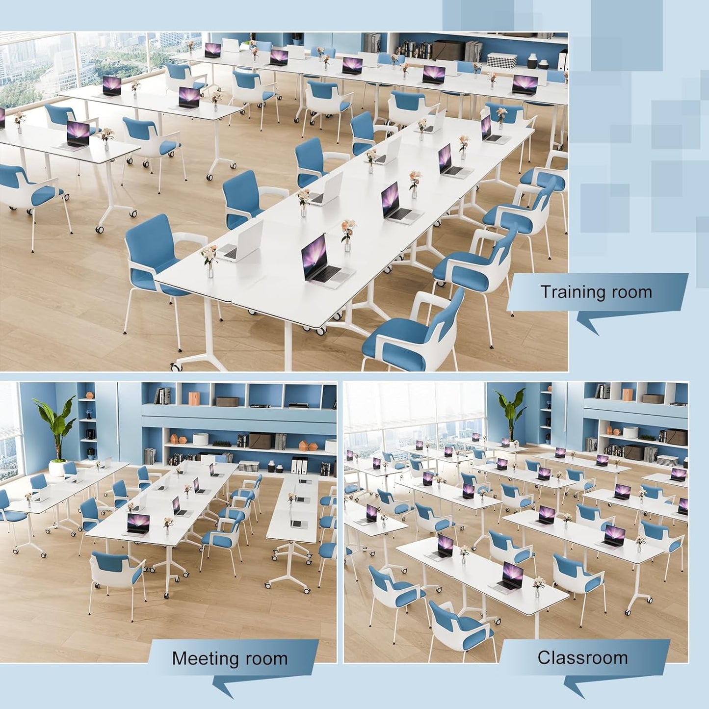 6Pack Folding Conference Room Table, Modern Conference Tables with Silent Wheels, Large Rectangular Mobile Training Tables for Office Classroom, Foldable Modular Seminar Table White (L70.9in)