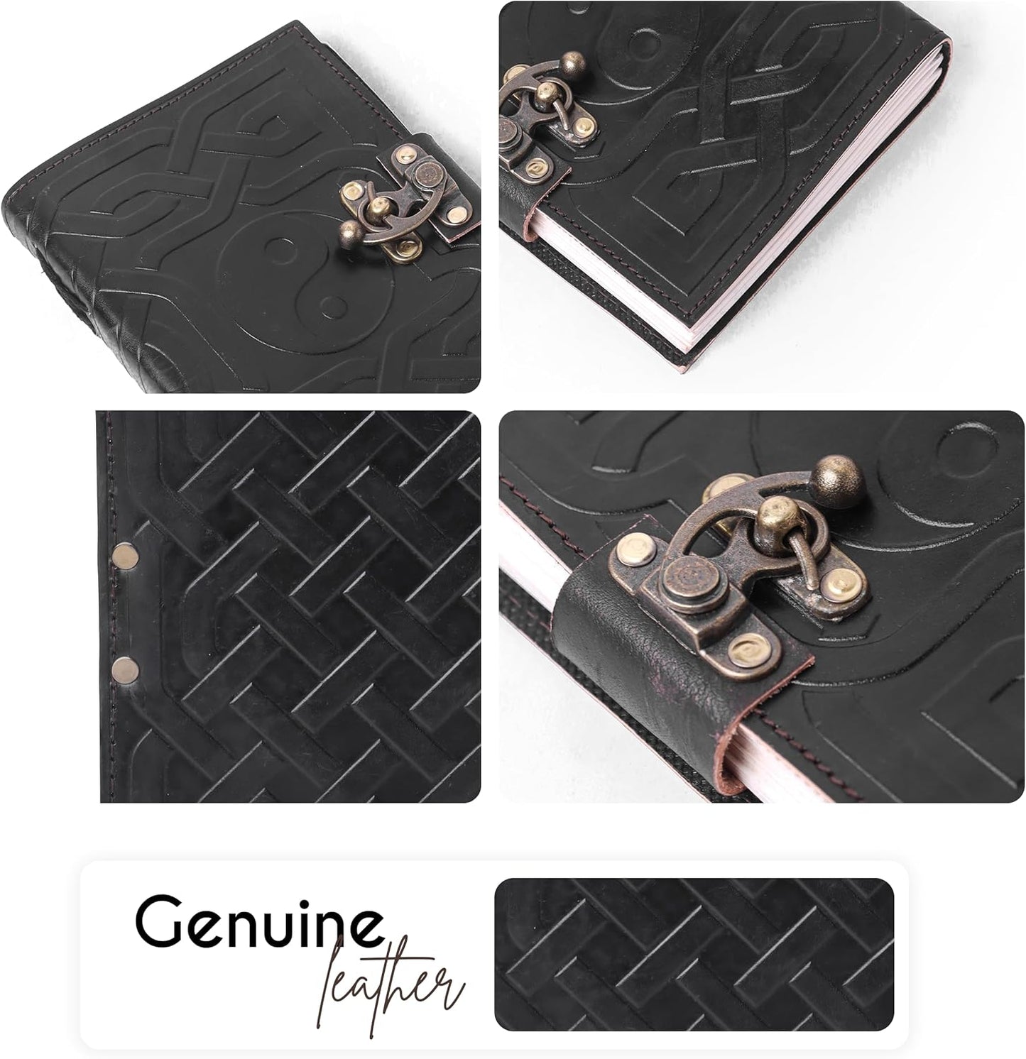 Yin & Yang Vintage Leather Journal with Antique Clasp Lock โ 200 White Page Antique Deckle Edge Leather Bound Notebook โ 5"X7" Notebook Journal for Writing, Drawing, Home, Office, Travelling (Black)