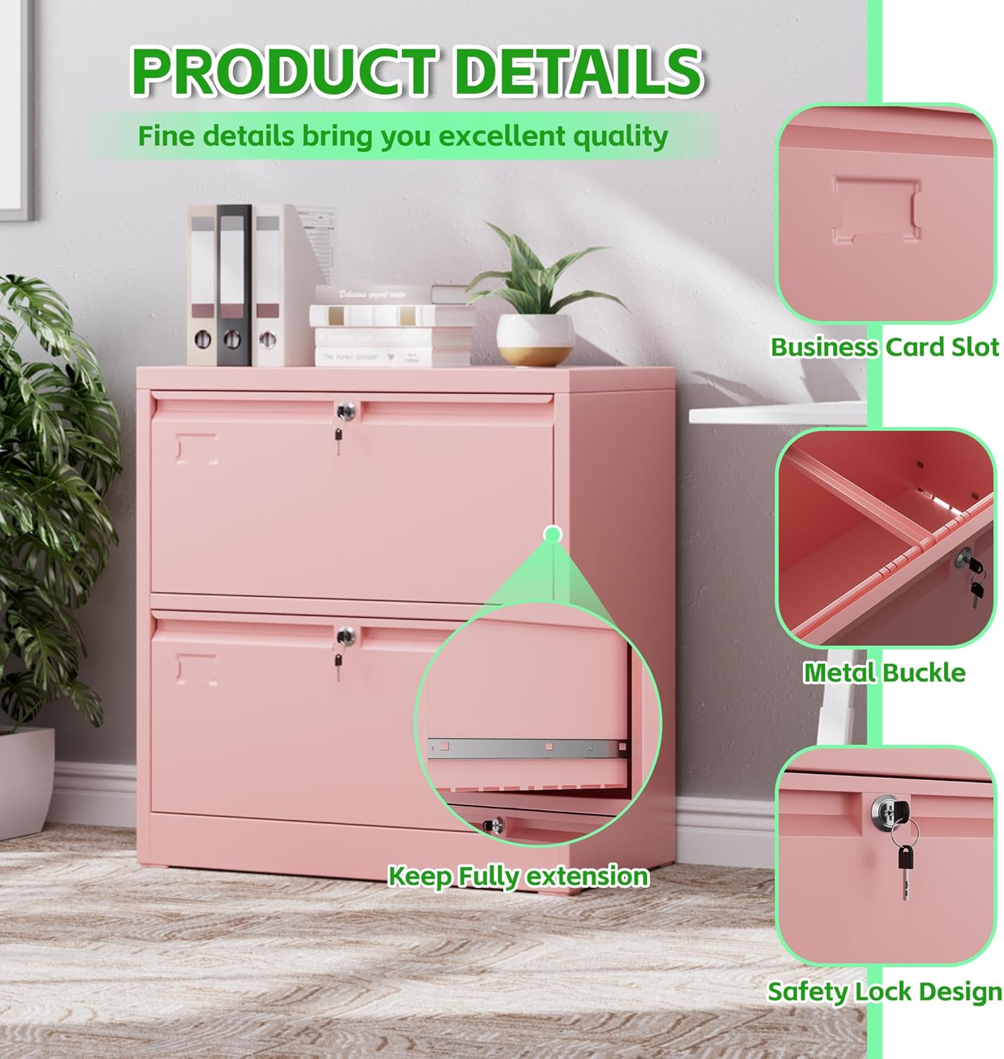 Metal 2 Drawer Lateral File Cabinet with 2 Lock - Wide Filing Cabinet for Letter/Legal/F4/A4 Hanging Files - Includes Business Card Holder,Home Office School Storage,Pink