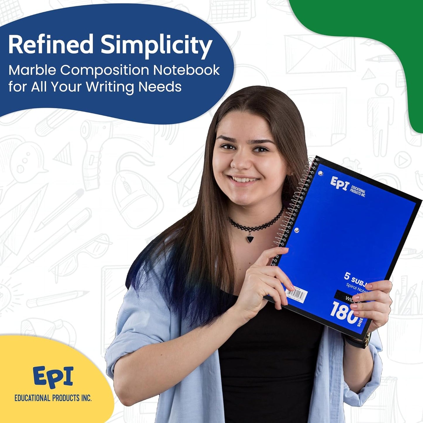 EPI Spiral Notebook | 5 Subject - Wide Ruled - 180 Sheets, Durable Spiral Binding | 10.5 x 8 in | Classroom Supplies | School, Office, Note Taking, Journaling - 3 Pack