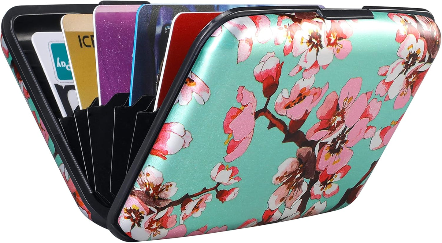 ELFISH Mini RFID Aluminum Wallet Credit Cards Holder Business Card Case Metal ID Case for Men Women(Pink Peach Blossom
