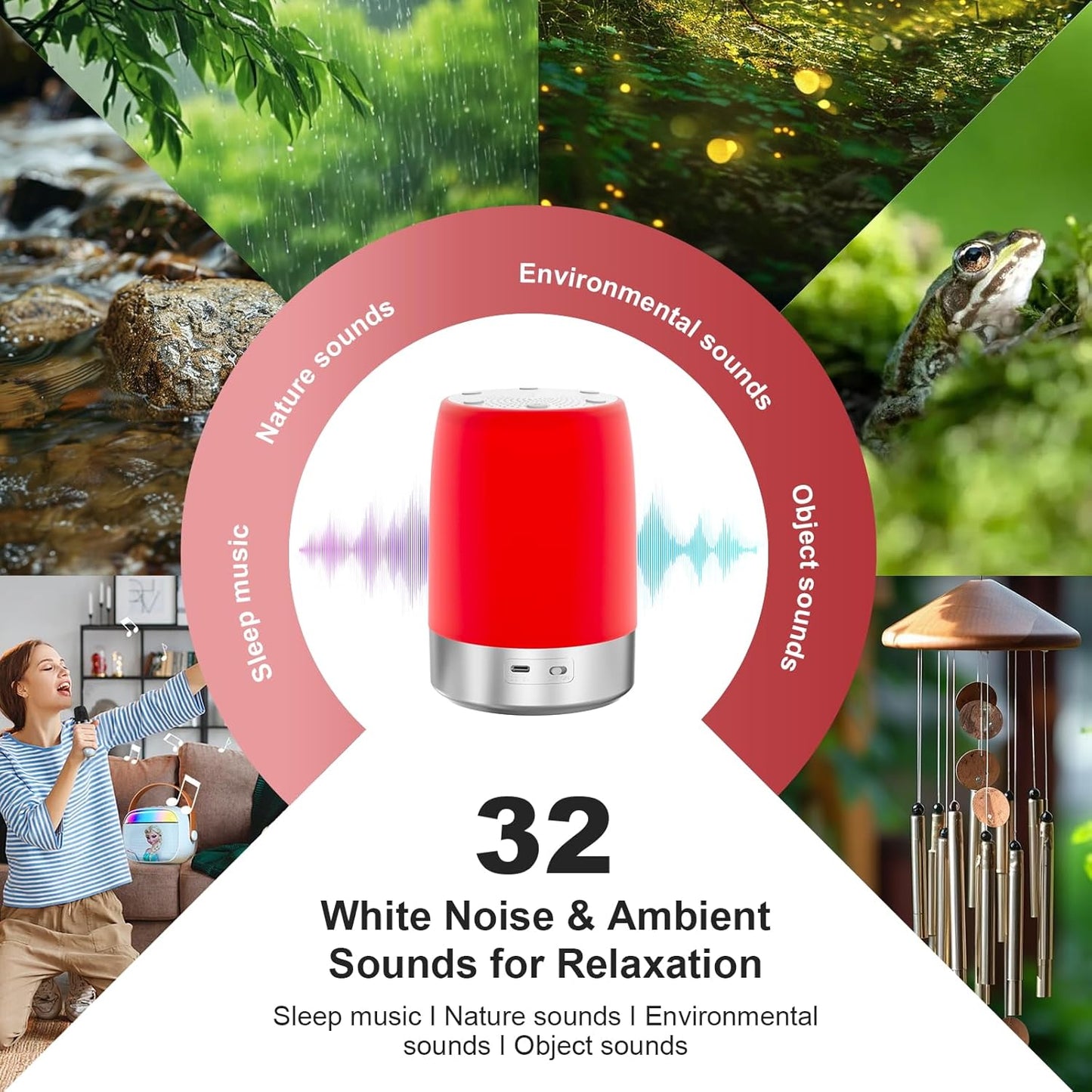Red Light Sleep Sound Machine โ Night Light for Bedroom with 5-Level Red Light Therapy (620โ690nm), 32 White Noise & Nature Sounds, Smart App Control, Timer & Wake-Up Alarm Clock