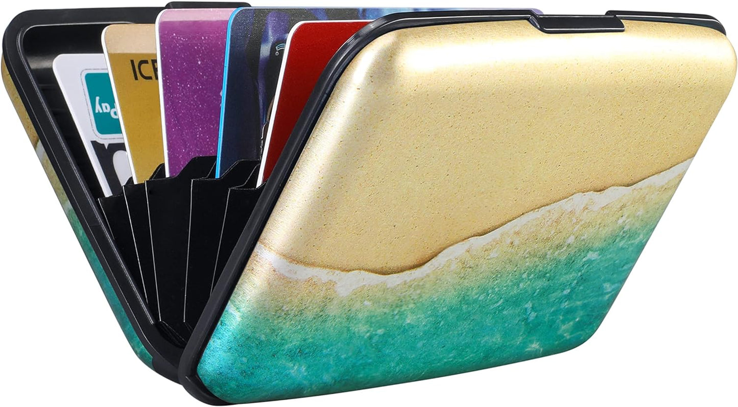 ELFISH Mini RFID Aluminum Wallet Credit Cards Holder Business Card Case Metal ID Case for Men Women(Beach